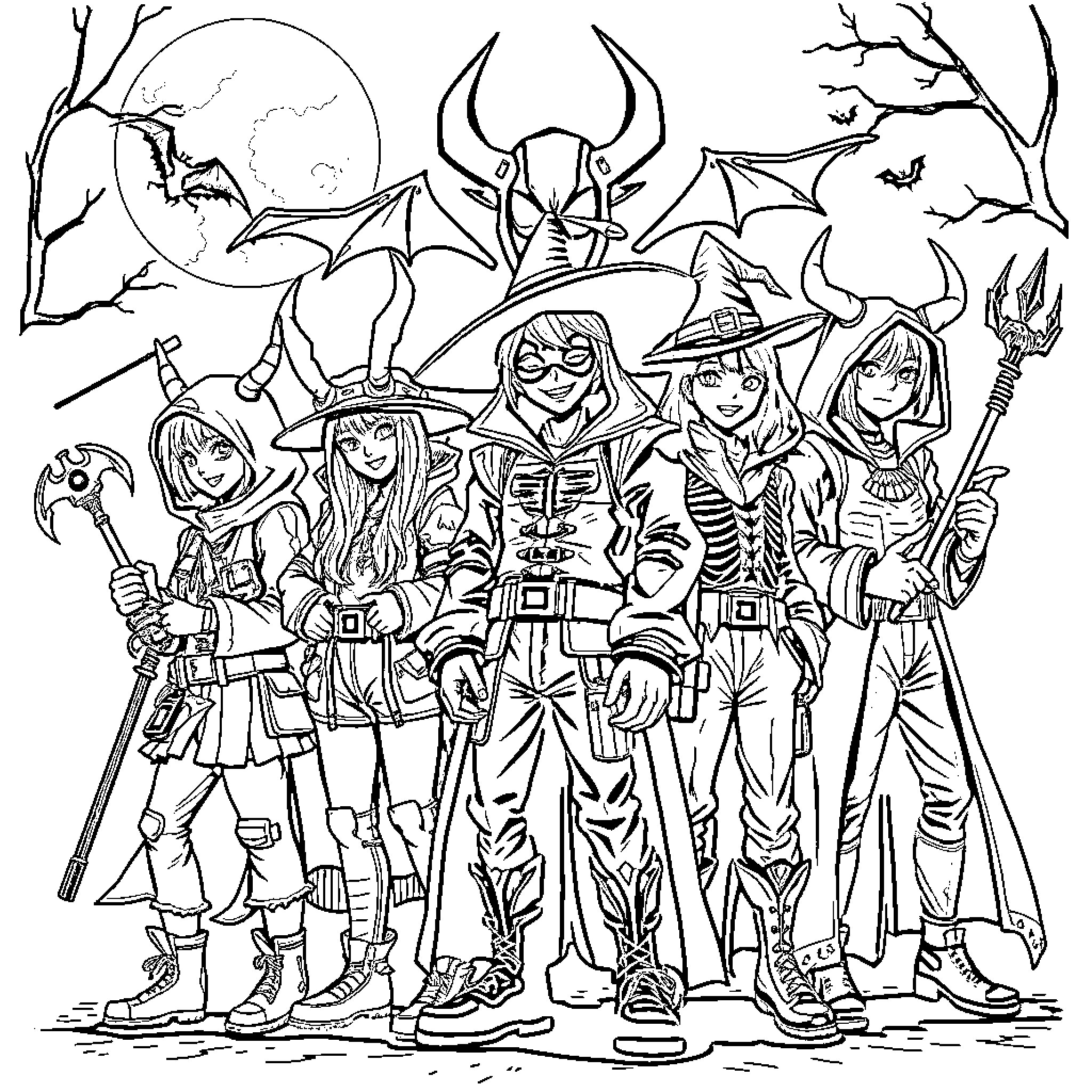 Demon Hunter Squad in Action Coloring Page (free black-and-white line drawing printable PDF for all, from beginners to advanced learners, including children, teens, adults, and seniors)