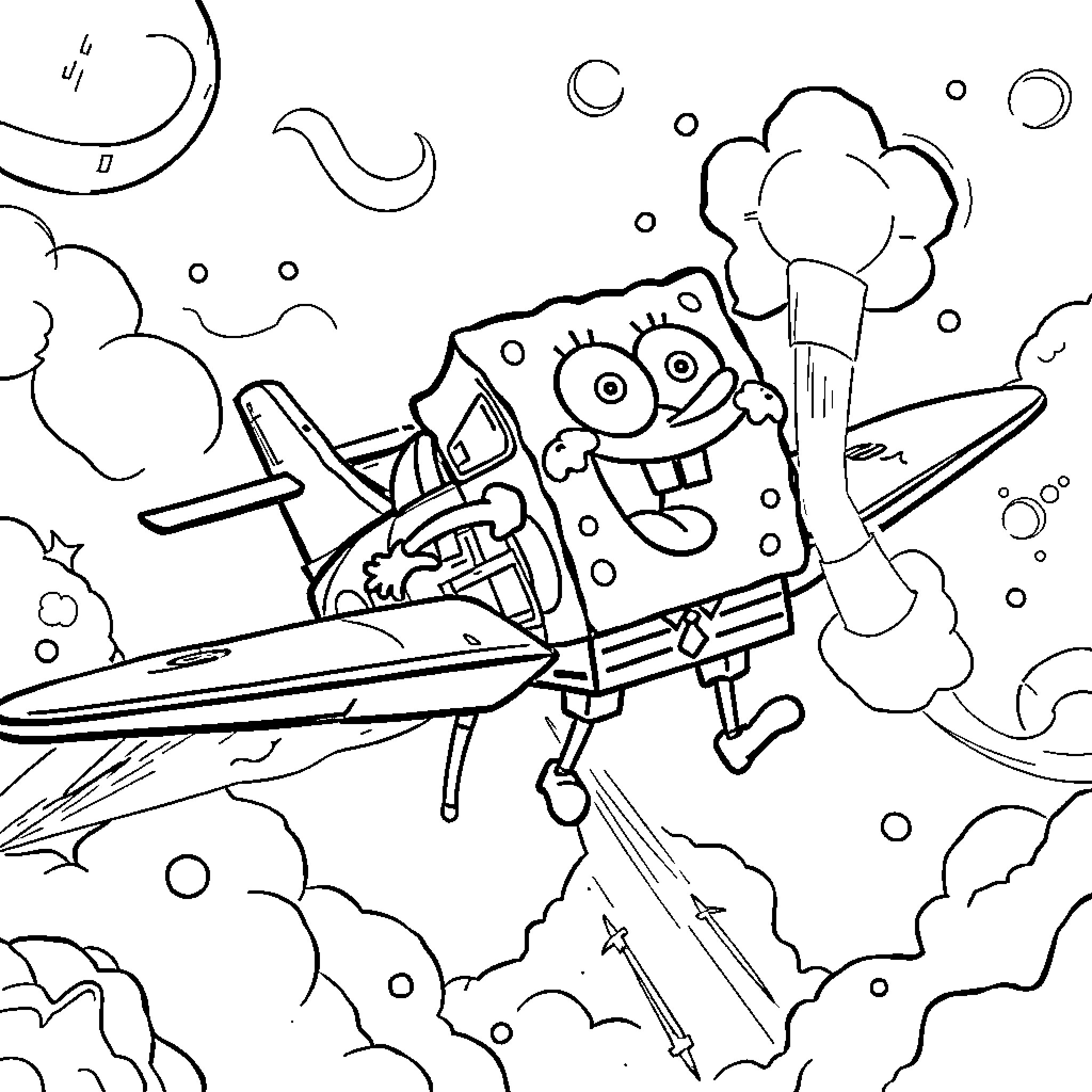 Spongebob flying through the cosmos in a rocket Coloring Page (free black-and-white line drawing printable PDF for all, from beginners to advanced learners, including children, teens, adults, and seniors)