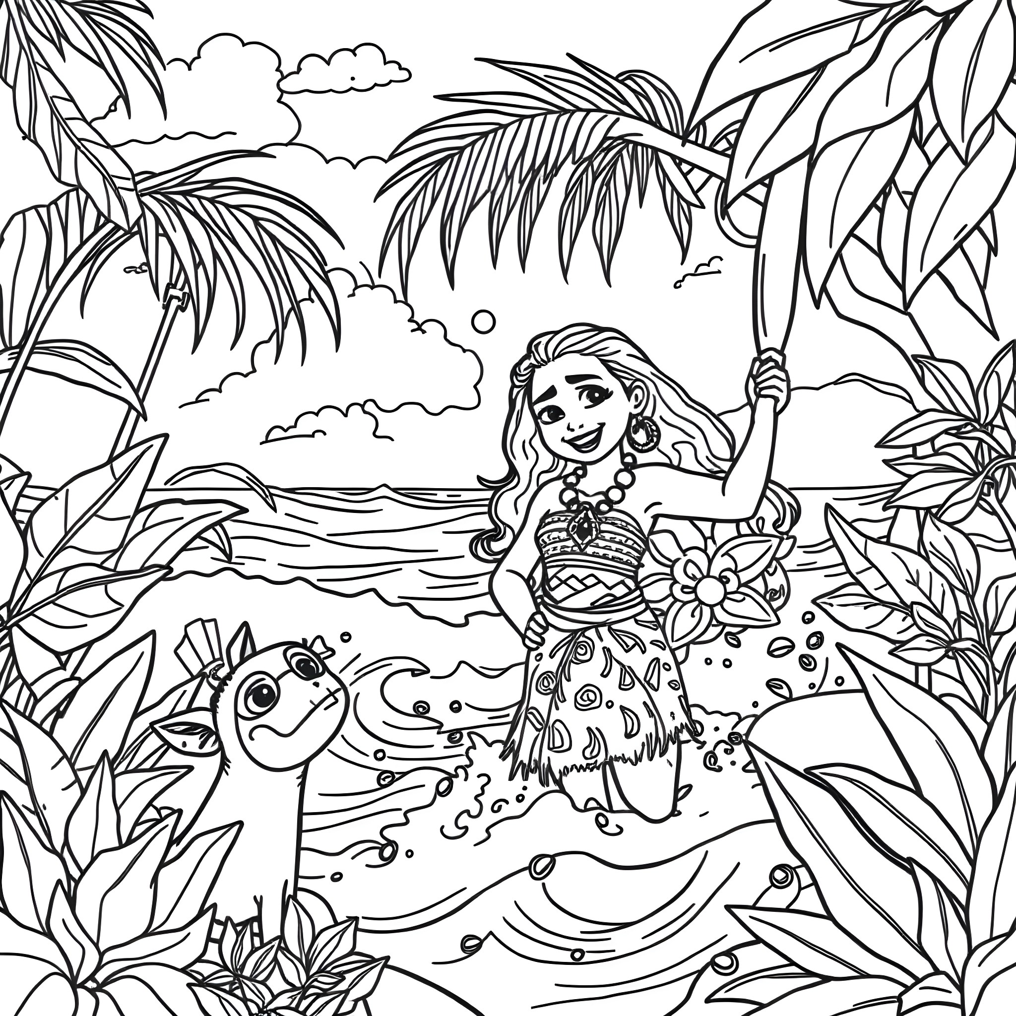 Bluey's Tropical Adventure Coloring Page (free black-and-white line drawing printable PDF for all, from beginners to advanced learners, including children, teens, adults, and seniors)