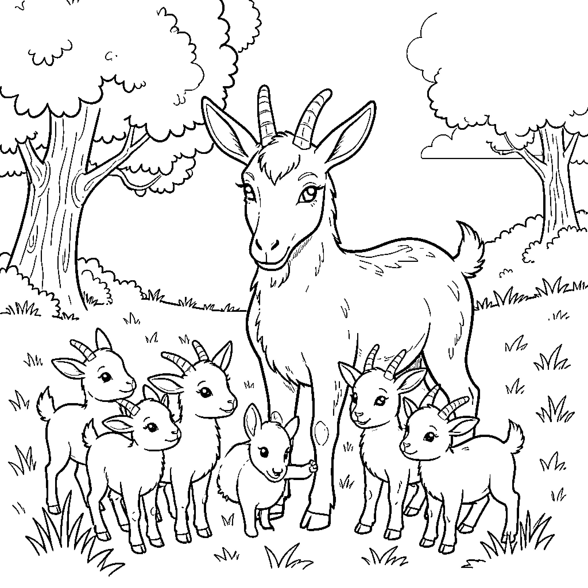Chèvre standing calmly with many small kids in nature Coloring Page (free black-and-white line drawing printable PDF for all, from beginners to advanced learners, including children, teens, adults, and seniors)