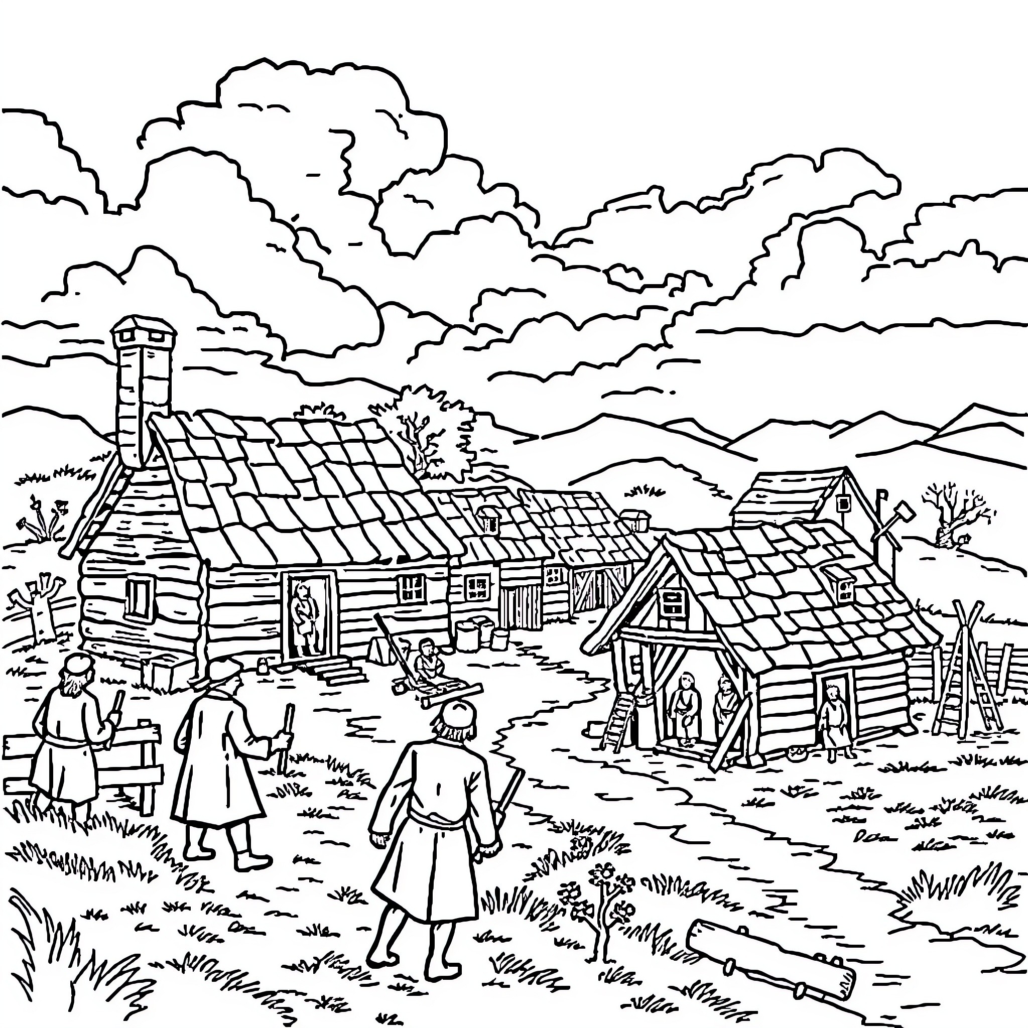 Jamestown village scene with rustic buildings and people Coloring Page (free black-and-white line drawing printable PDF for all, from beginners to advanced learners, including children, teens, adults, and seniors)