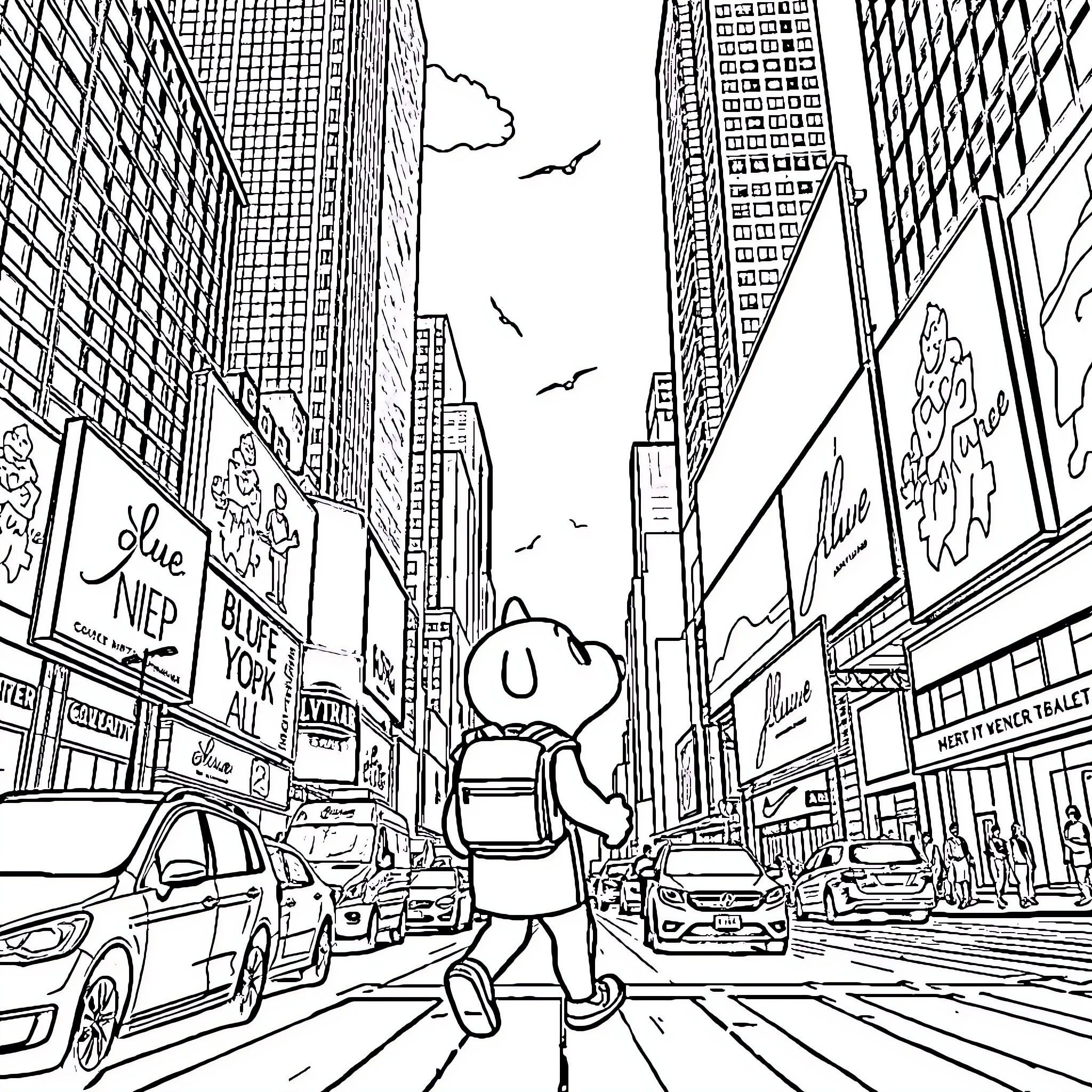 Bluey exploring the bustling city streets Coloring Page (free black-and-white line drawing printable PDF for all, from beginners to advanced learners, including children, teens, adults, and seniors)