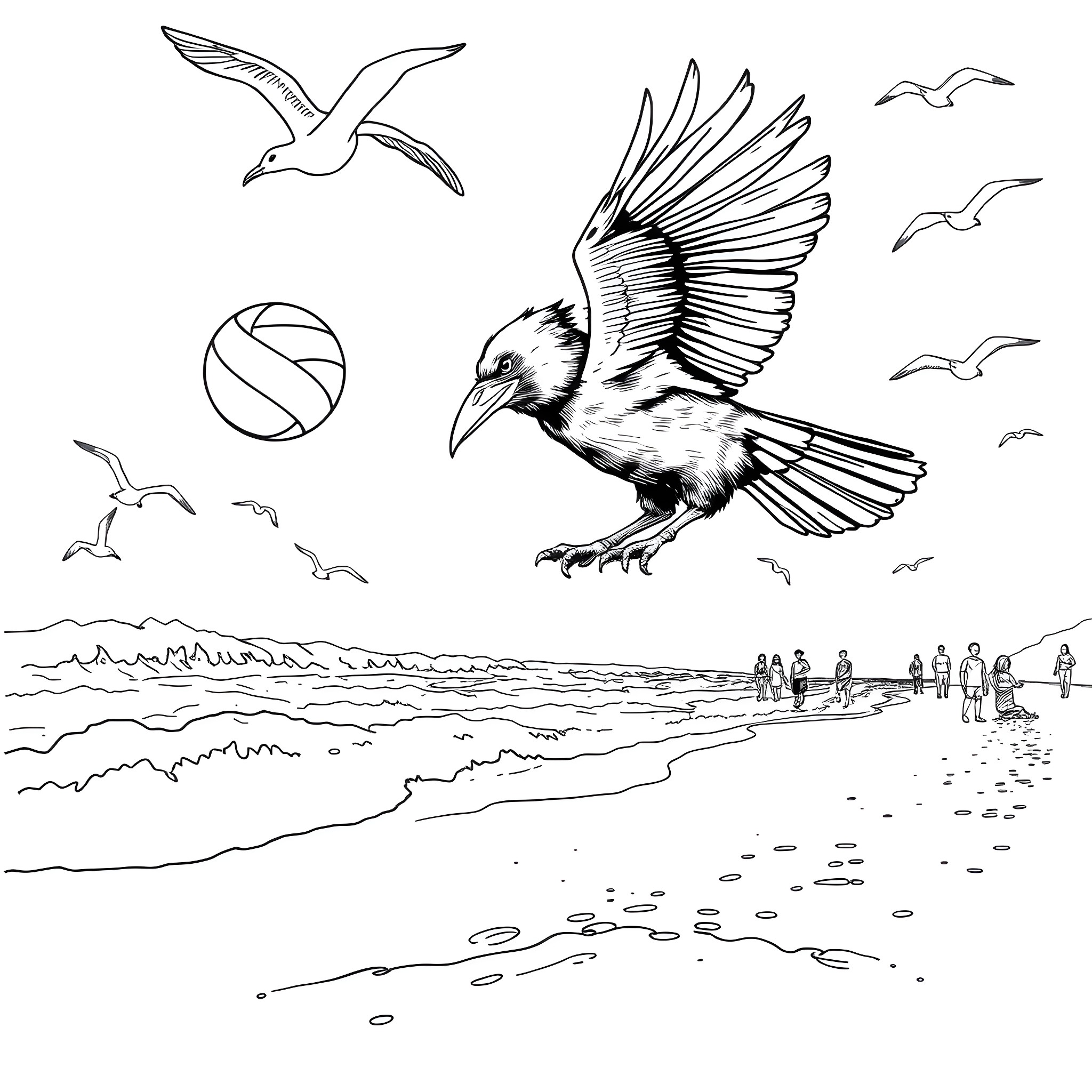 Raven soaring over the beach with people Coloring Page (free black-and-white line drawing printable PDF for all, from beginners to advanced learners, including children, teens, adults, and seniors)