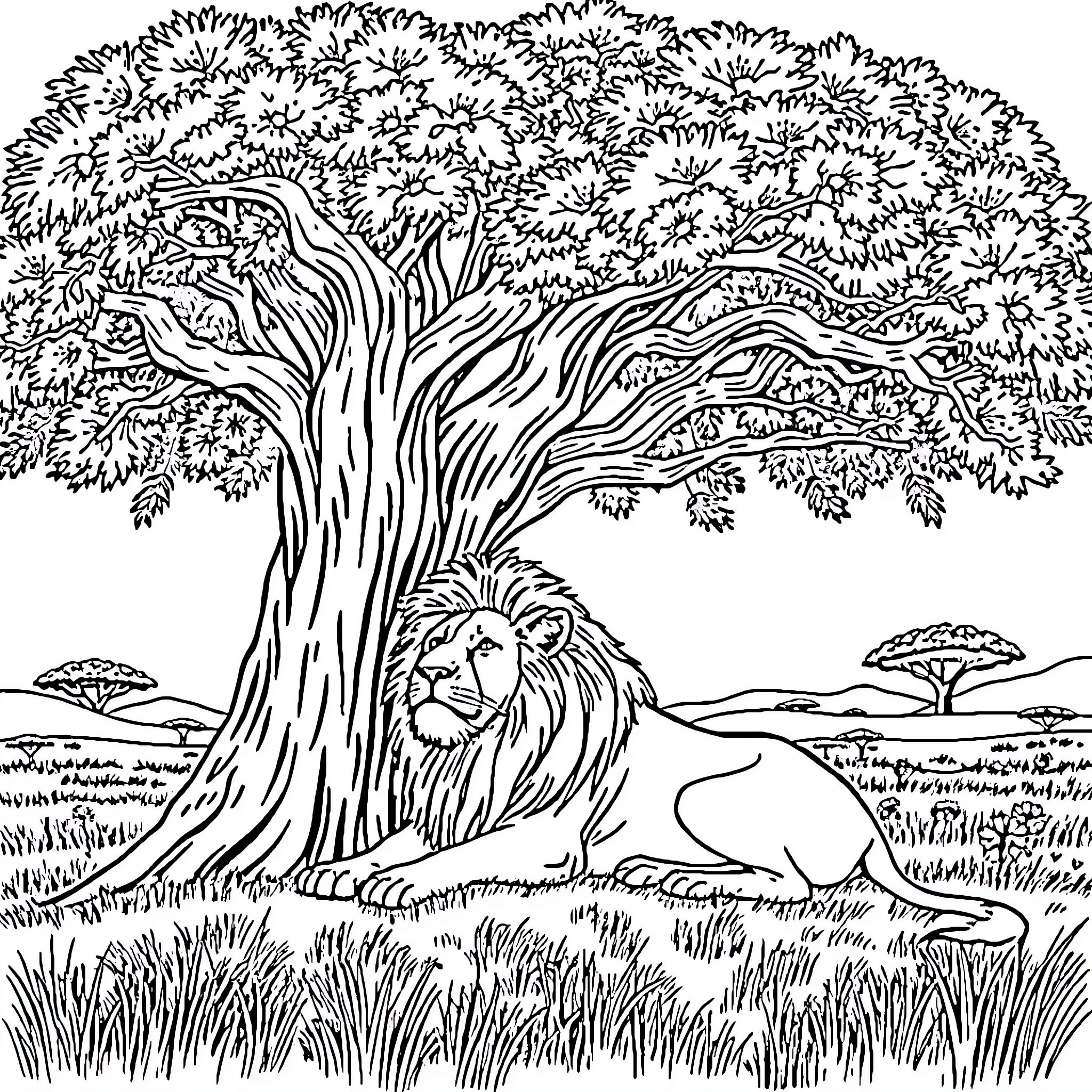 Lion resting under a large tree in the wild Coloring Page (free black-and-white line drawing printable PDF for all, from beginners to advanced learners, including children, teens, adults, and seniors)