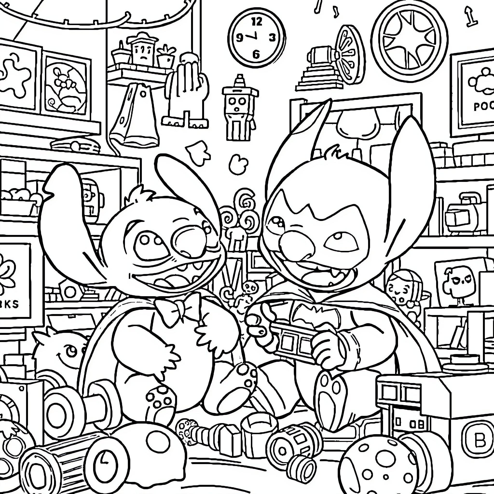 Stitch exploring a whimsical and chaotic playroom Coloring Page (free black-and-white line drawing printable PDF for all, from beginners to advanced learners, including children, teens, adults, and seniors)