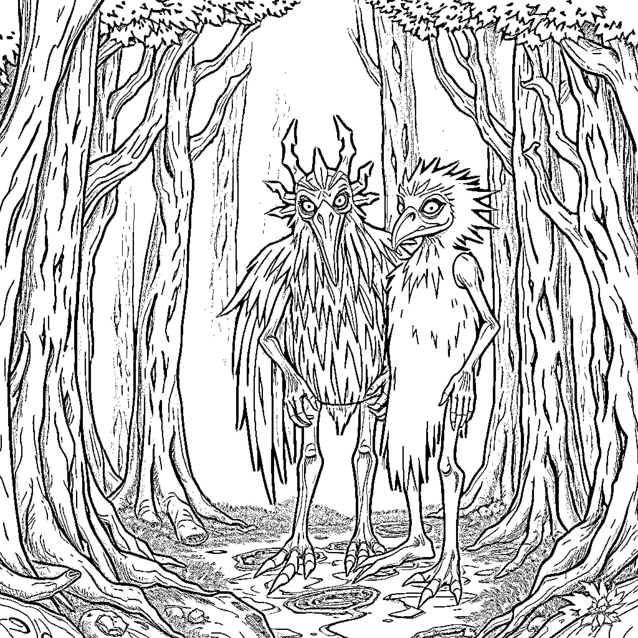 Skeksis creature in a mystical forest scene Coloring Page (free black-and-white line drawing printable PDF for all, from beginners to advanced learners, including children, teens, adults, and seniors)