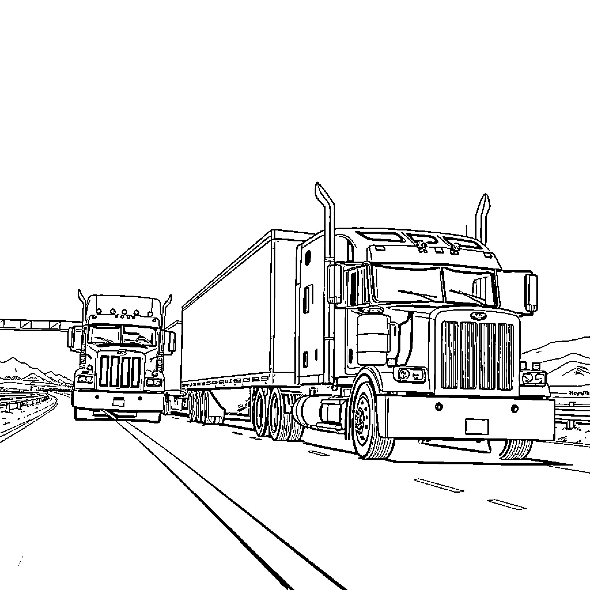 Semi Trucks Transporting Goods on the Highway Coloring Page (free black-and-white line drawing printable PDF for all, from beginners to advanced learners, including children, teens, adults, and seniors)
