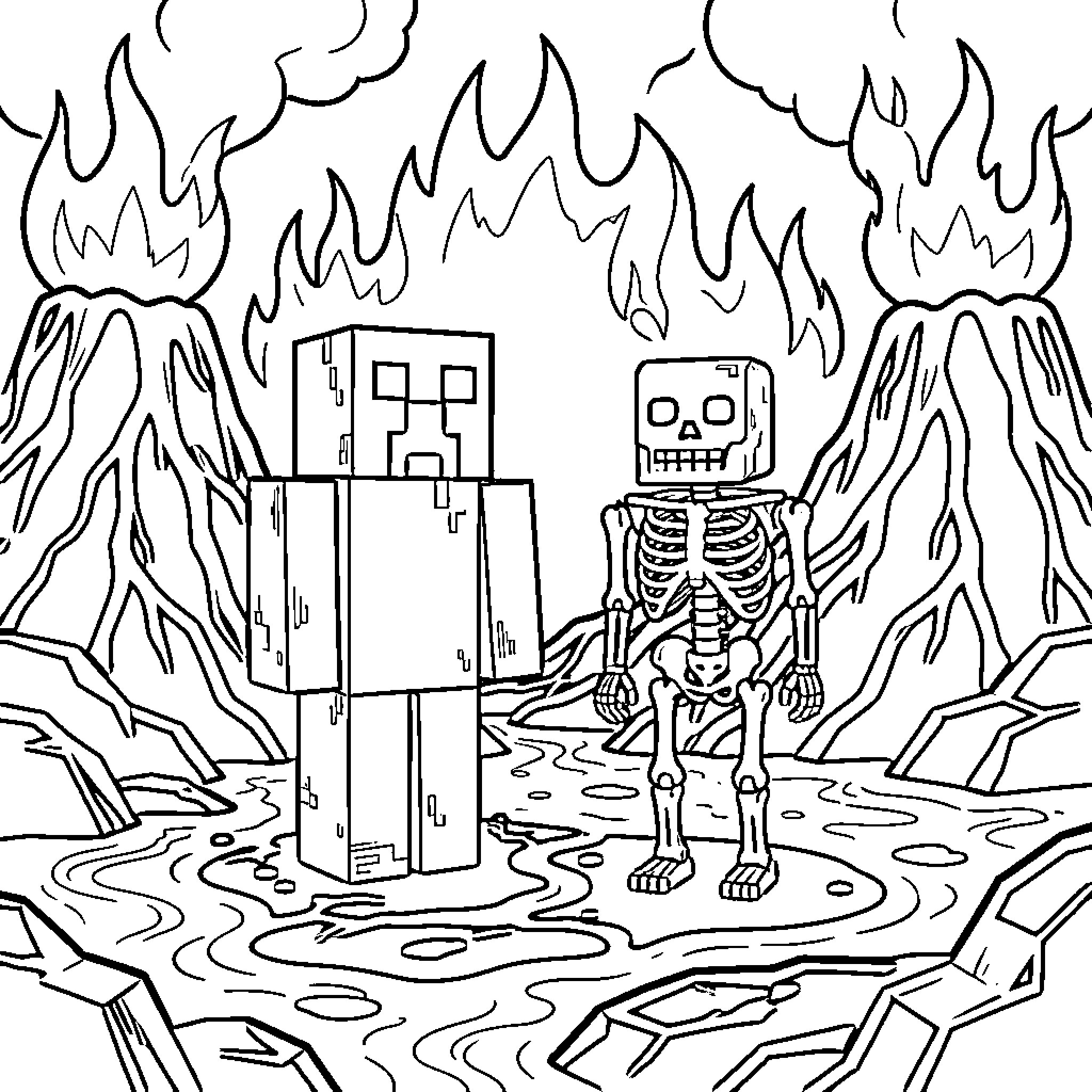 Creeper skeleton exploring the fiery landscape Coloring Page (free black-and-white line drawing printable PDF for all, from beginners to advanced learners, including children, teens, adults, and seniors)