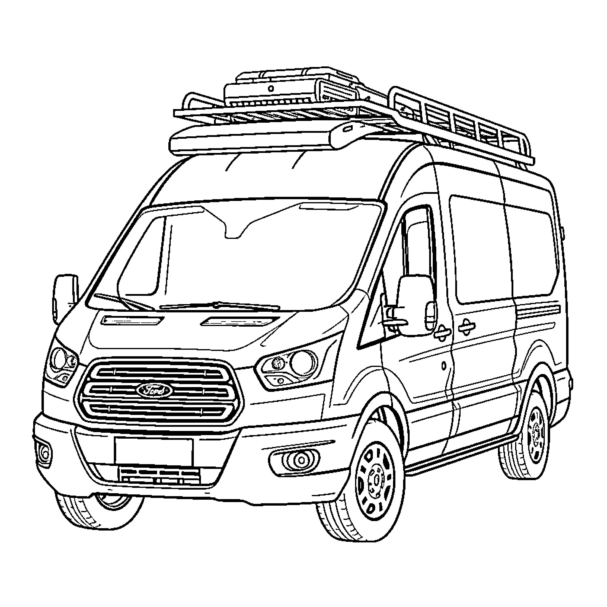 Ford adventure van with rooftop cargo carrier Coloring Page (free black-and-white line drawing printable PDF for all, from beginners to advanced learners, including children, teens, adults, and seniors)