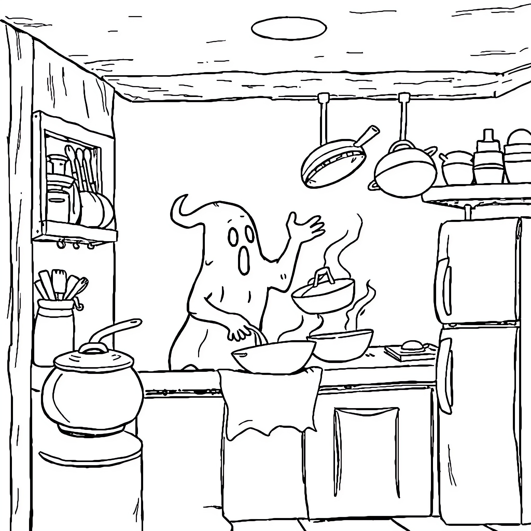 Ghost cooking delightfully in a cozy kitchen Coloring Page (free black-and-white line drawing printable PDF for all, from beginners to advanced learners, including children, teens, adults, and seniors)
