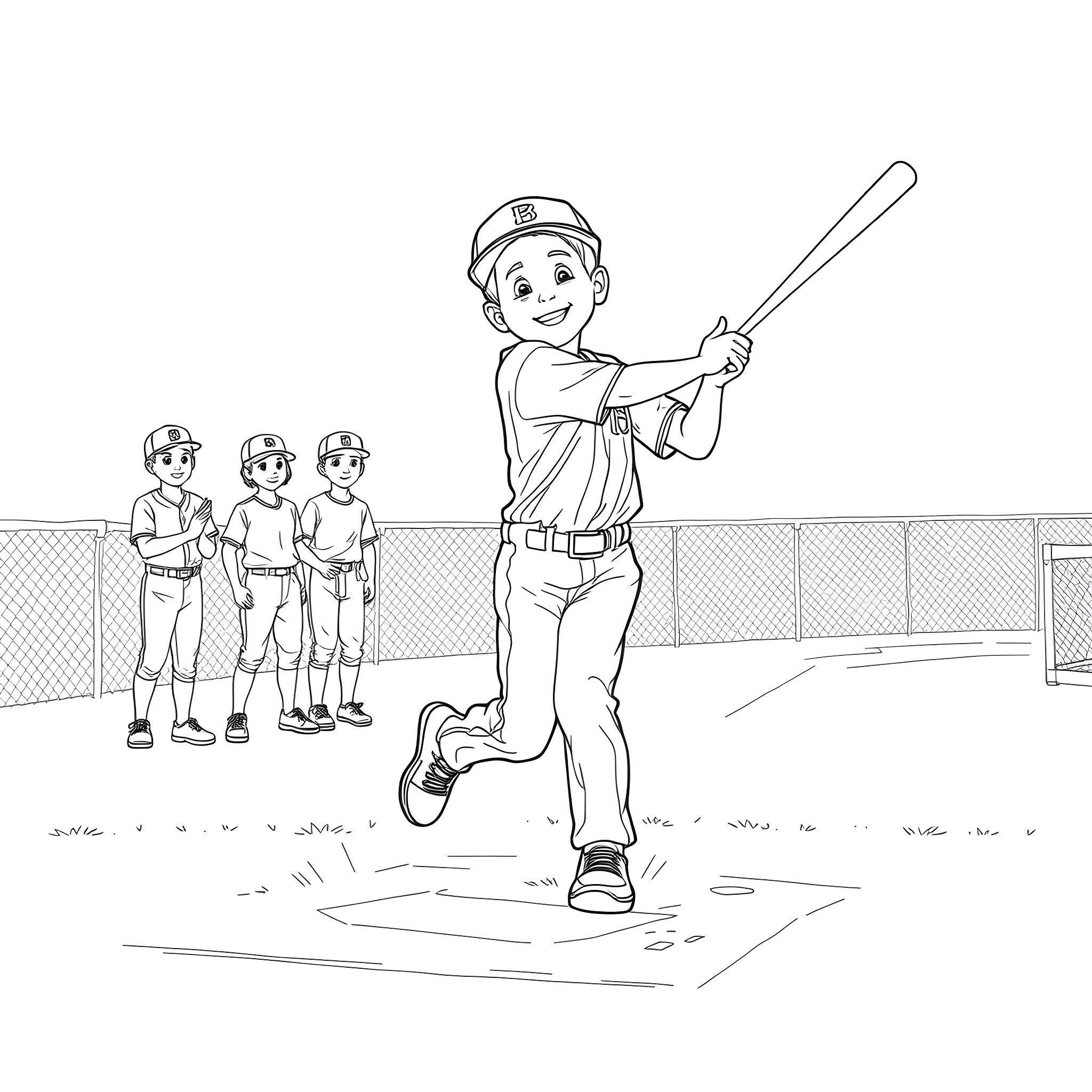 Home Run Boy Hitting Ball on Baseball Field Coloring Page (free black-and-white line drawing printable PDF for all, from beginners to advanced learners, including children, teens, adults, and seniors)