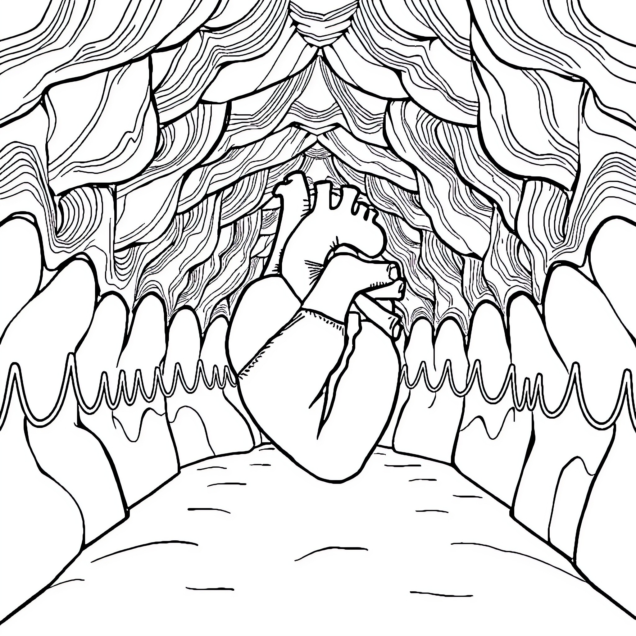 Heart Surrounded by Swirling Patterns Coloring Page (free black-and-white line drawing printable PDF for all, from beginners to advanced learners, including children, teens, adults, and seniors)