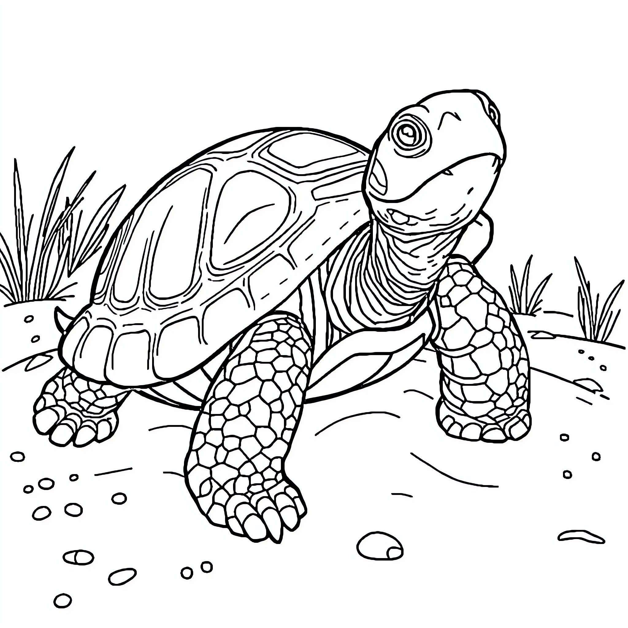Turtle exploring its natural habitat Coloring Page (free black-and-white line drawing printable PDF for all, from beginners to advanced learners, including children, teens, adults, and seniors)