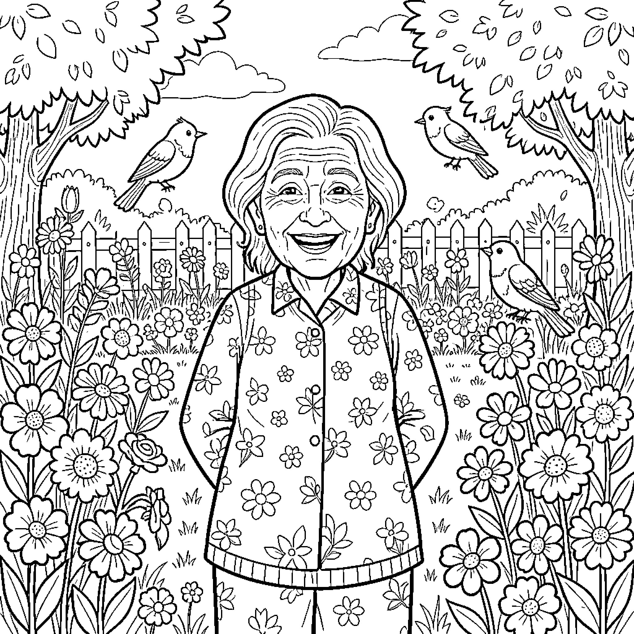 Abuelita's Joyful Garden Coloring Page (free black-and-white line drawing printable PDF for all, from beginners to advanced learners, including children, teens, adults, and seniors)