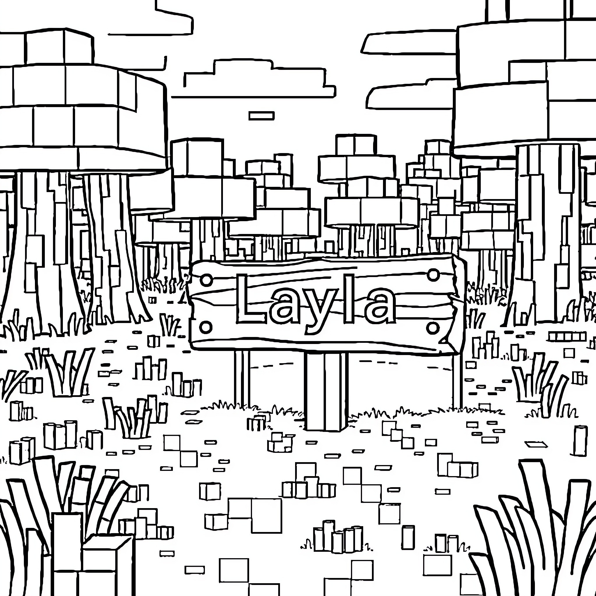 Minecraft characters exploring a blocky landscape Coloring Page (free black-and-white line drawing printable PDF for all, from beginners to advanced learners, including children, teens, adults, and seniors)
