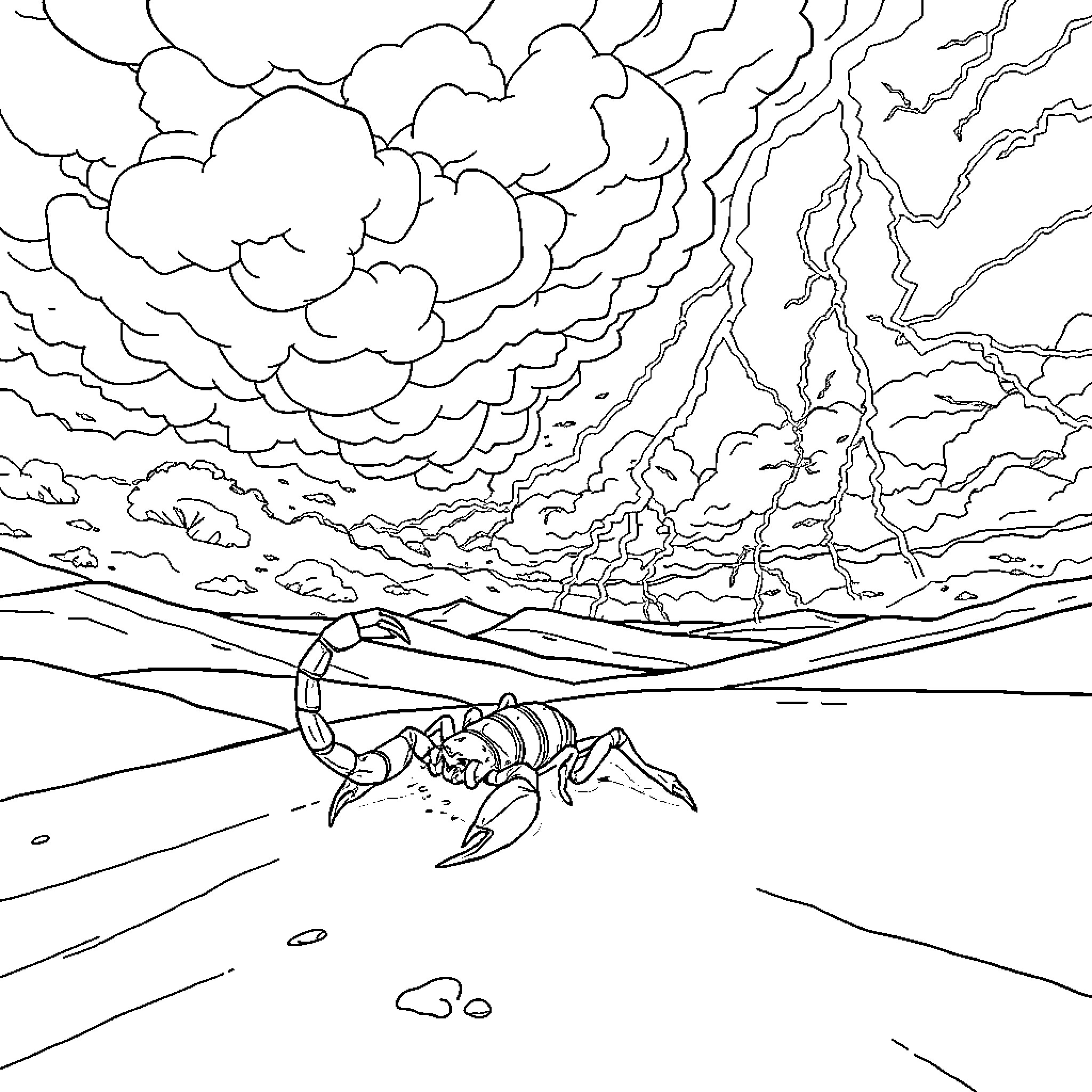 Scorpion confronting the stormy sky Coloring Page (free black-and-white line drawing printable PDF for all, from beginners to advanced learners, including children, teens, adults, and seniors)
