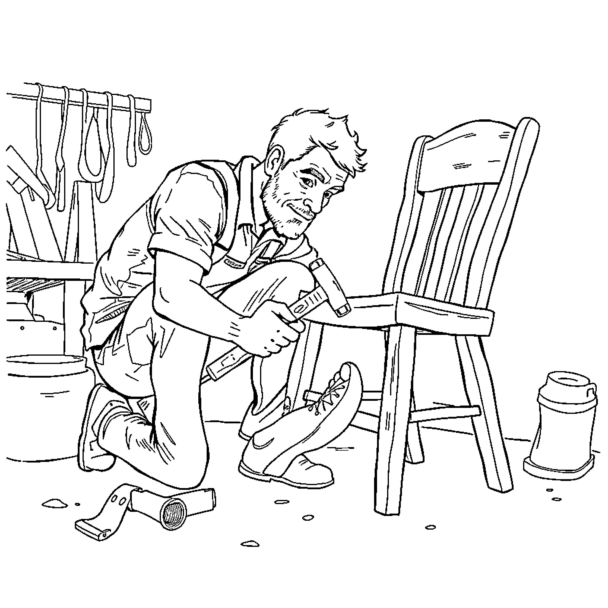 Handyman repairing a broken chair in workshop Coloring Page (free black-and-white line drawing printable PDF for all, from beginners to advanced learners, including children, teens, adults, and seniors)