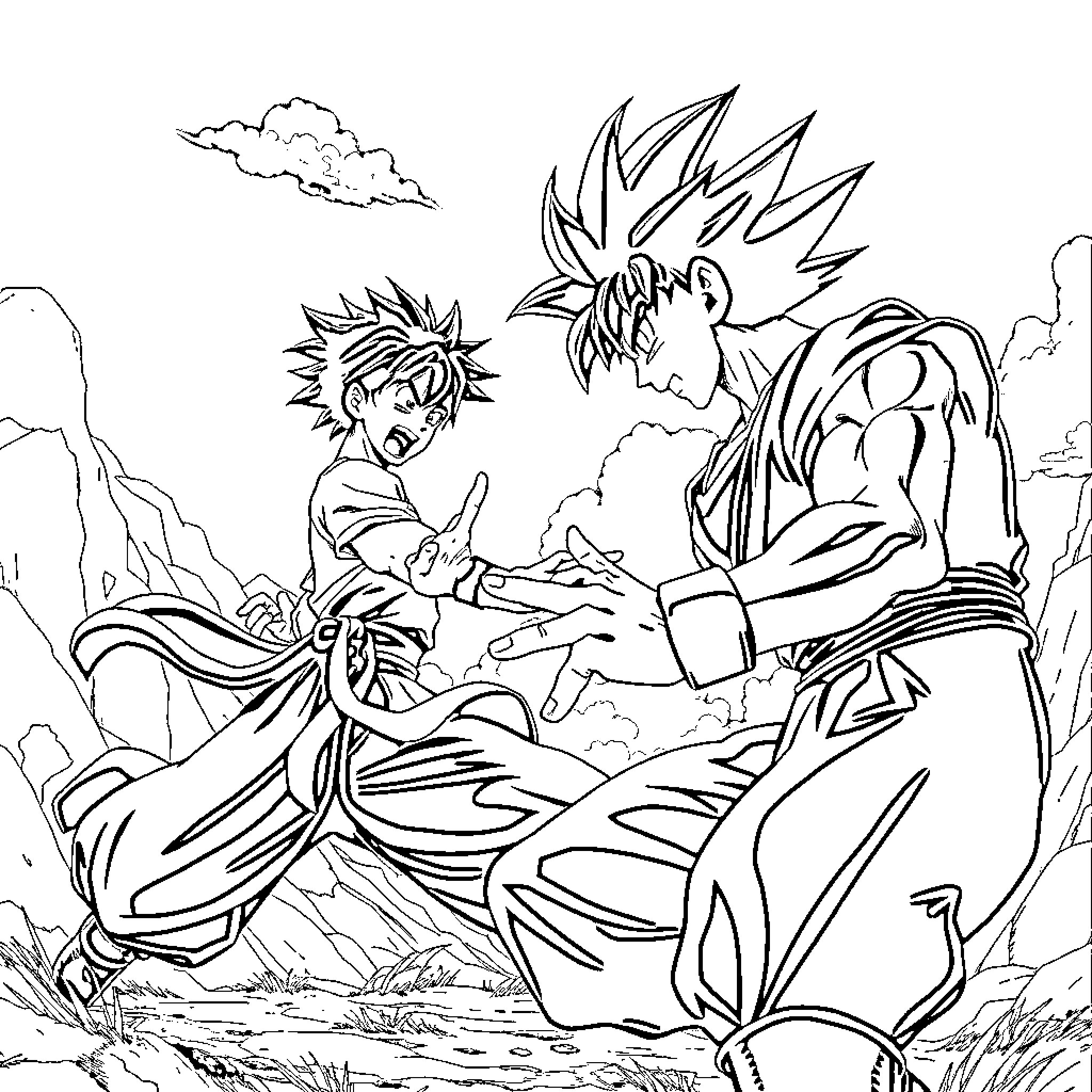 Ichigo's Intense Battle Scene in the Rugged Landscape Coloring Page (free black-and-white line drawing printable PDF for all, from beginners to advanced learners, including children, teens, adults, and seniors)