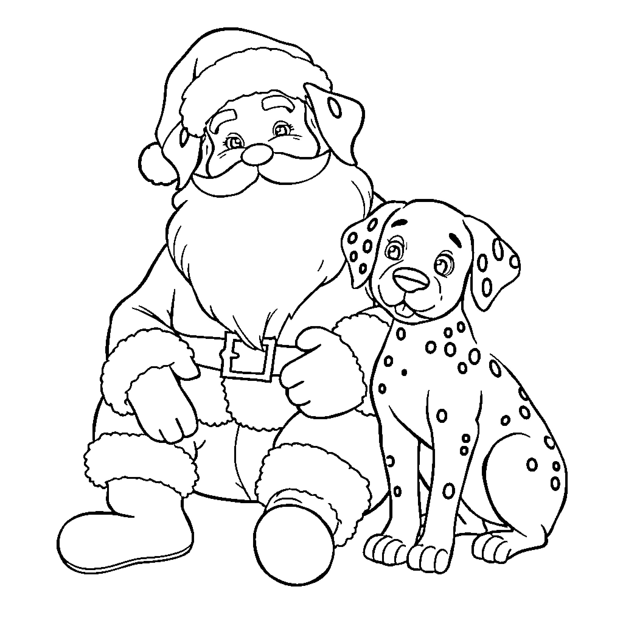 Dalmatian sitting with Santa Claus Coloring Page (free black-and-white line drawing printable PDF for all, from beginners to advanced learners, including children, teens, adults, and seniors)
