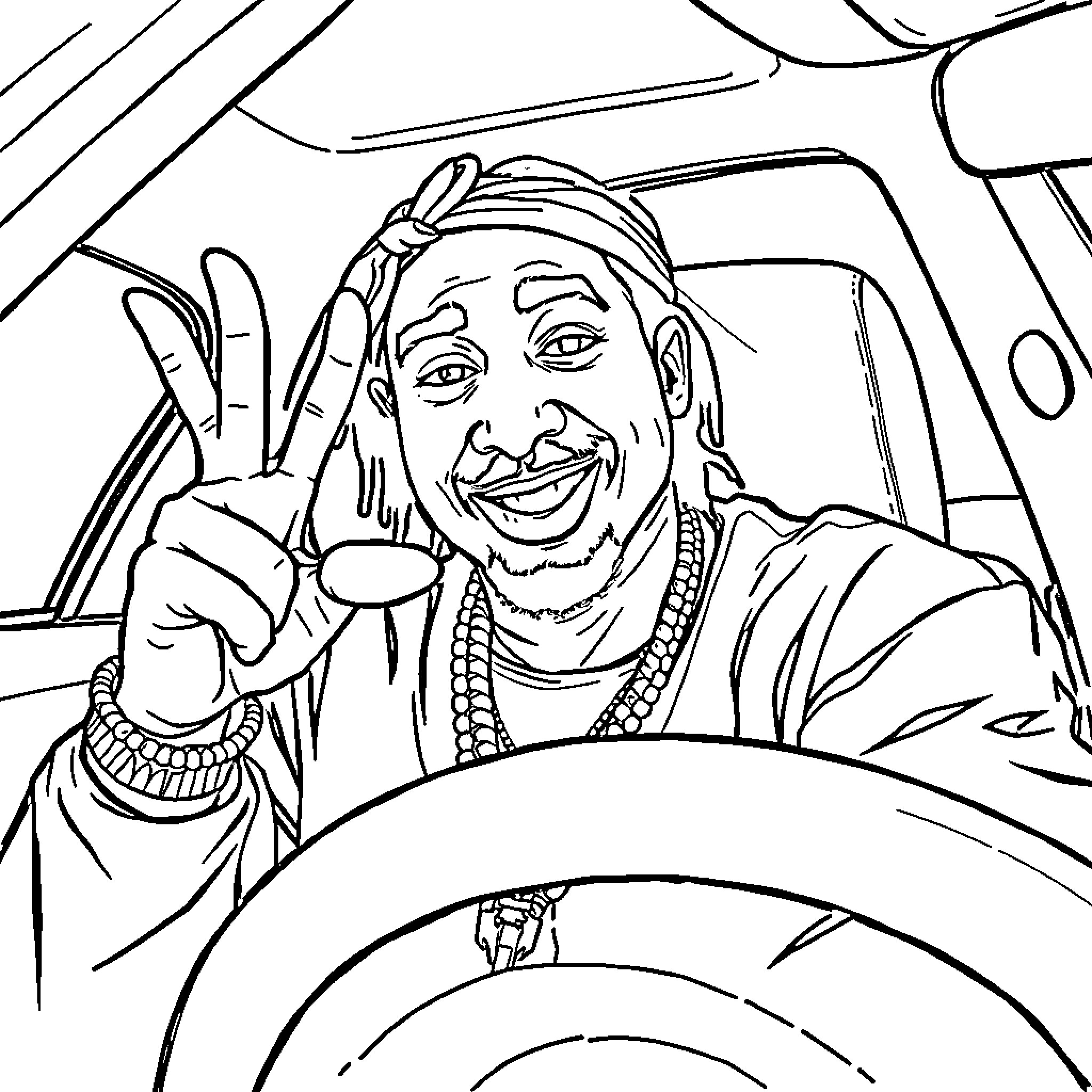 2pac making a peace sign in a car Coloring Page (free black-and-white line drawing printable PDF for all, from beginners to advanced learners, including children, teens, adults, and seniors)