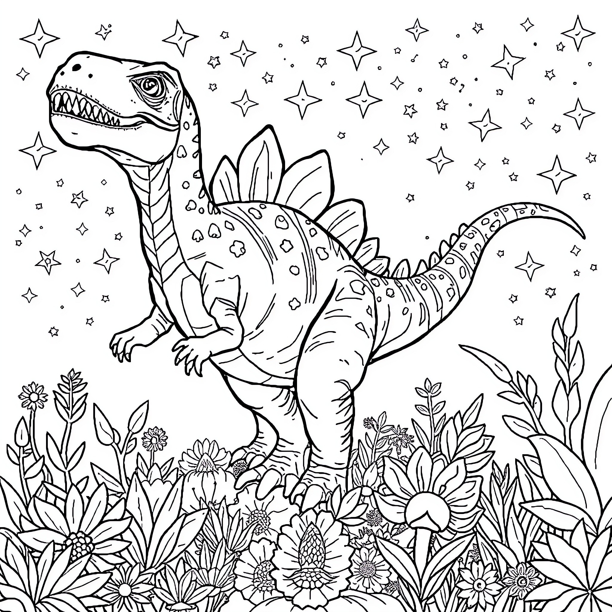 Dinosaur amidst starry night and lush flora Coloring Page (free black-and-white line drawing printable PDF for all, from beginners to advanced learners, including children, teens, adults, and seniors)