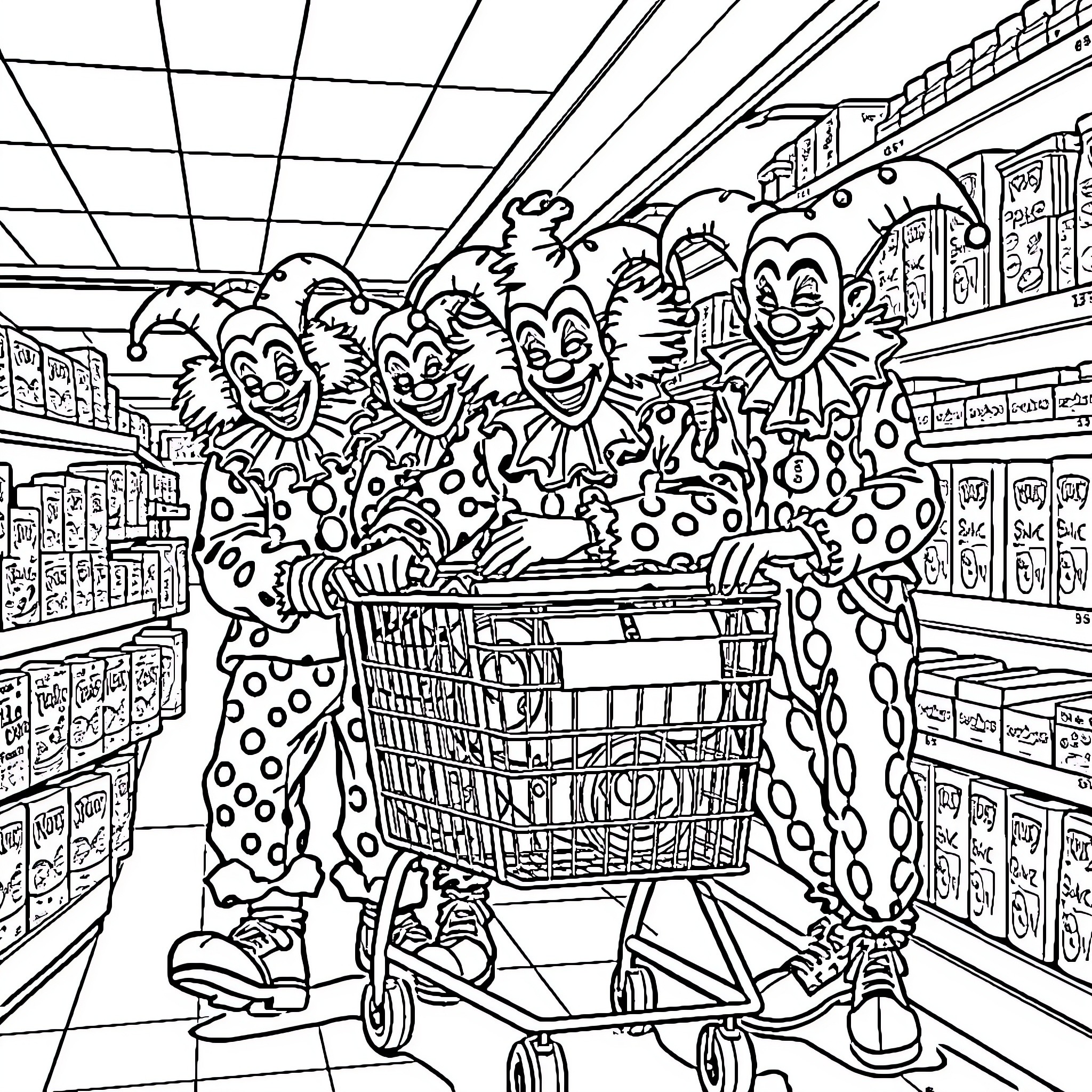 Clown Quartet Pushing Shopping Cart in Supermarket Coloring Page (free black-and-white line drawing printable PDF for all, from beginners to advanced learners, including children, teens, adults, and seniors)