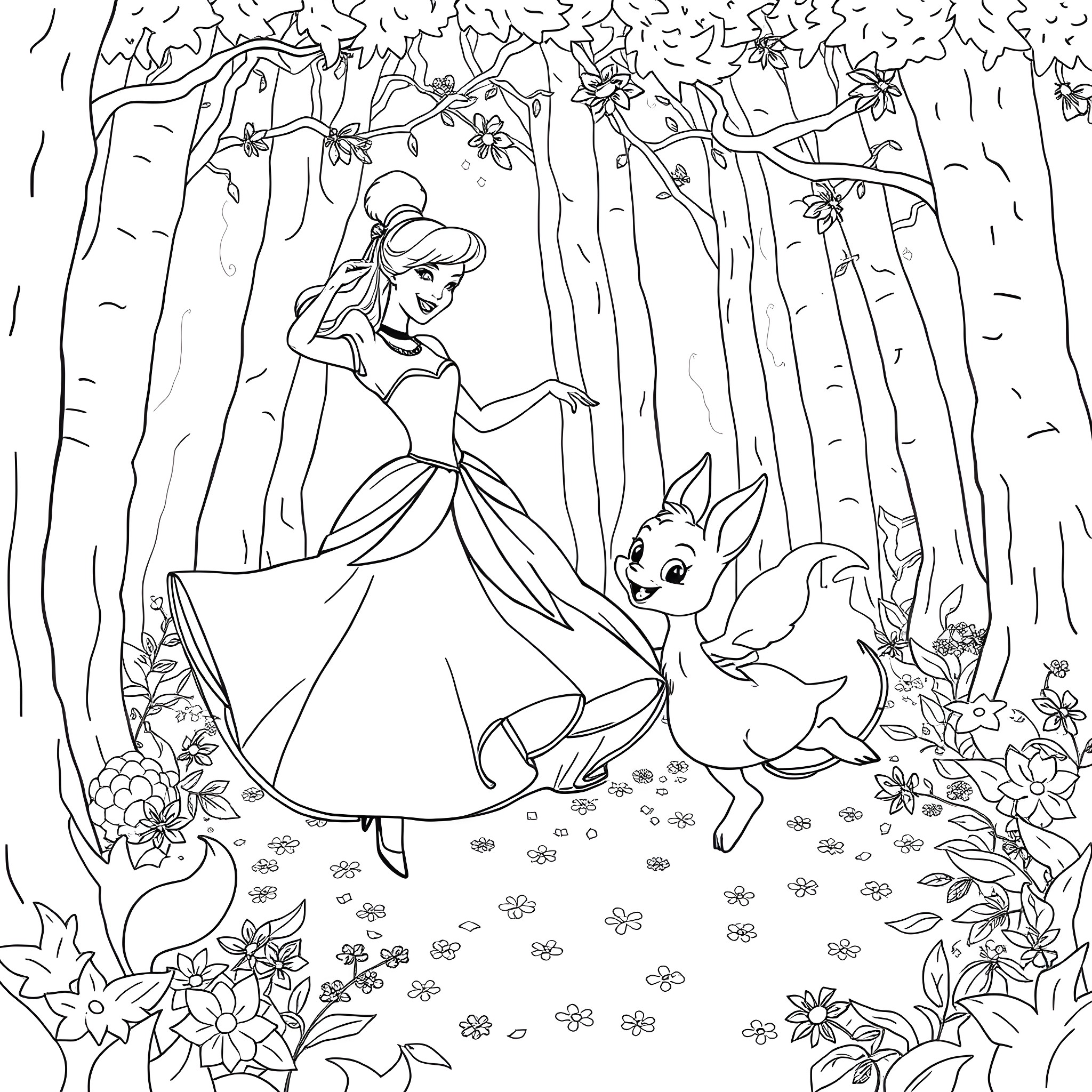 Cinderella walking in the enchanted forest with animal friends Coloring Page (free black-and-white line drawing printable PDF for all, from beginners to advanced learners, including children, teens, adults, and seniors)