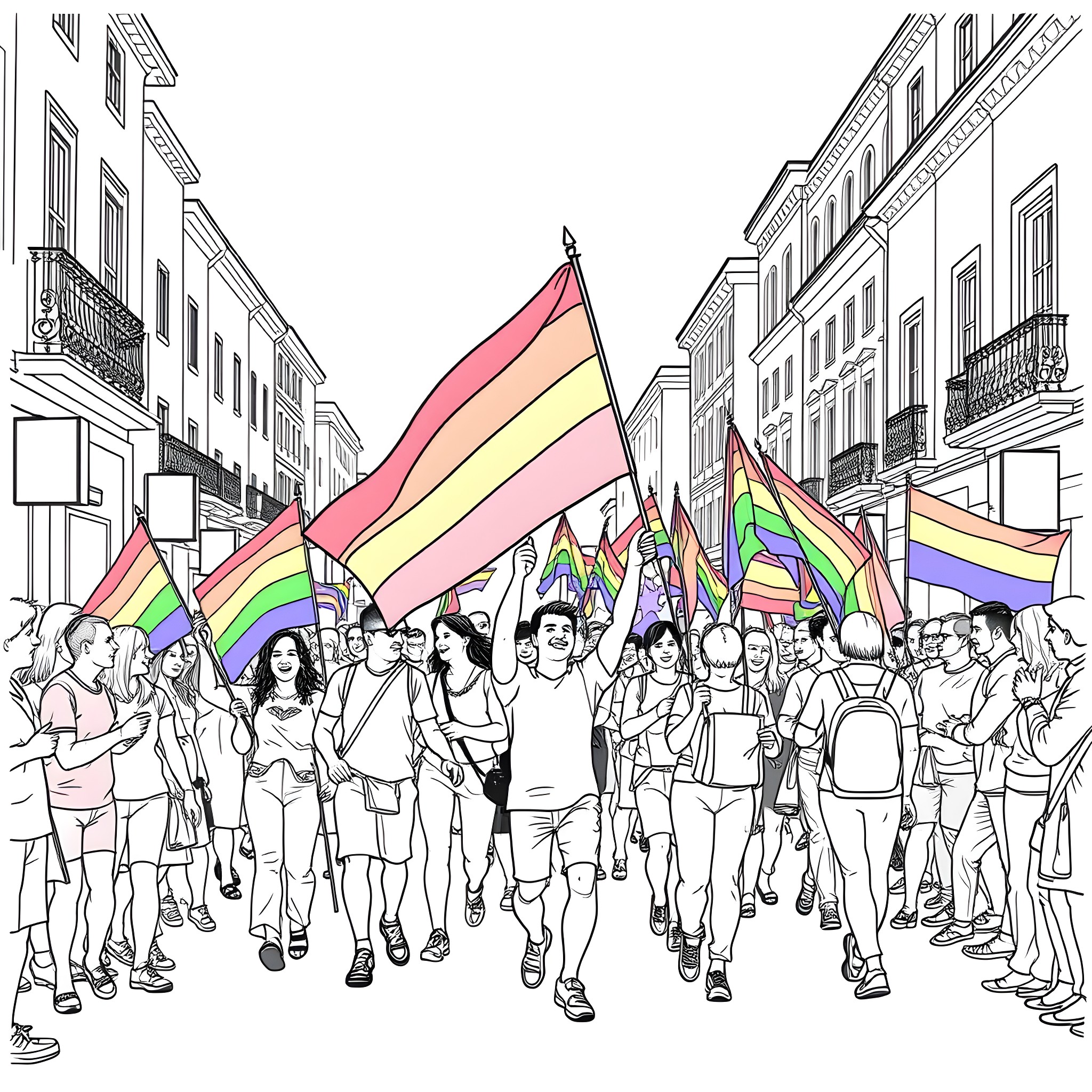 Pride Parade with Vibrant Crowd and Colorful Flags Coloring Page (free black-and-white line drawing printable PDF for all, from beginners to advanced learners, including children, teens, adults, and seniors)