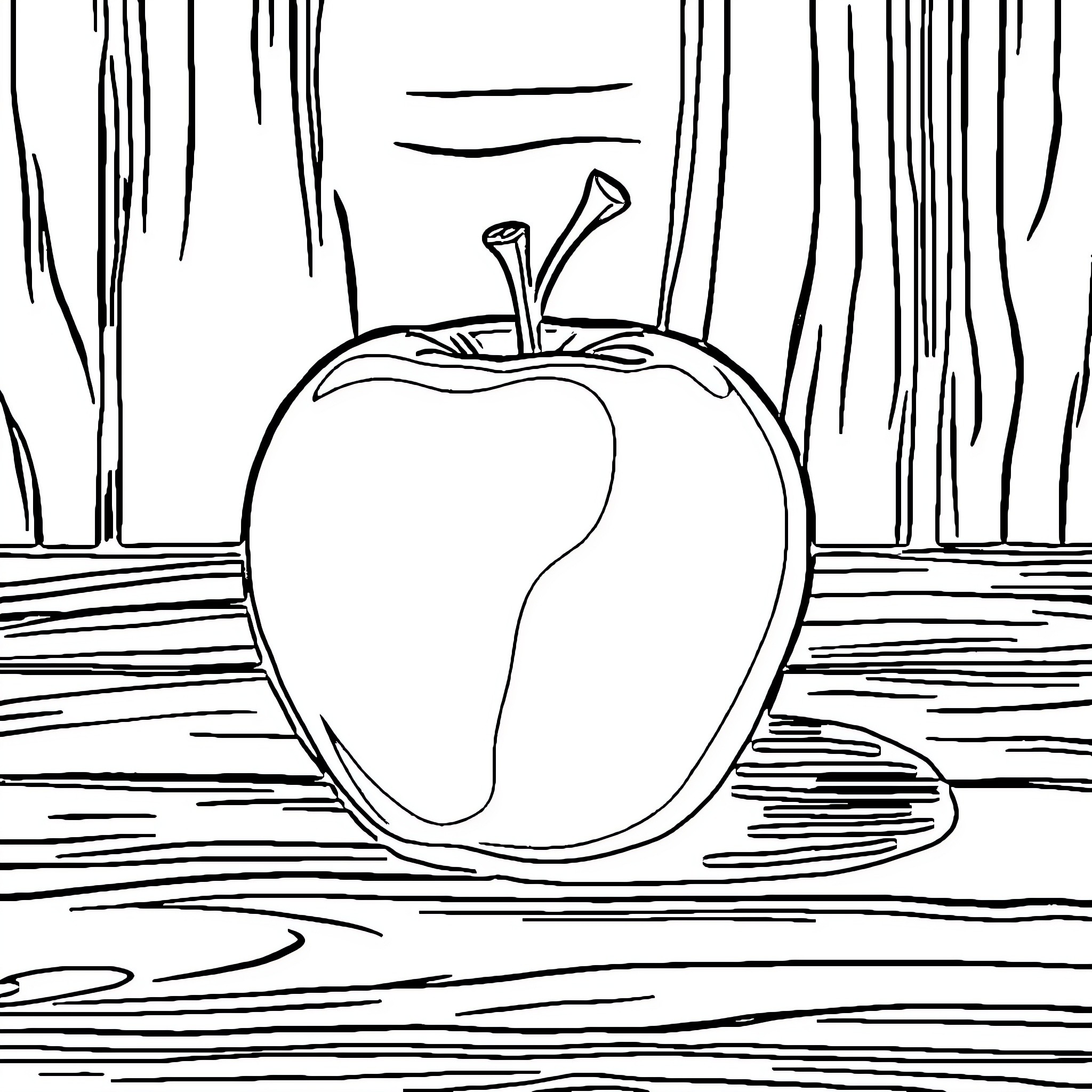 Apple sitting on a wooden surface Coloring Page (free black-and-white line drawing printable PDF for all, from beginners to advanced learners, including children, teens, adults, and seniors)