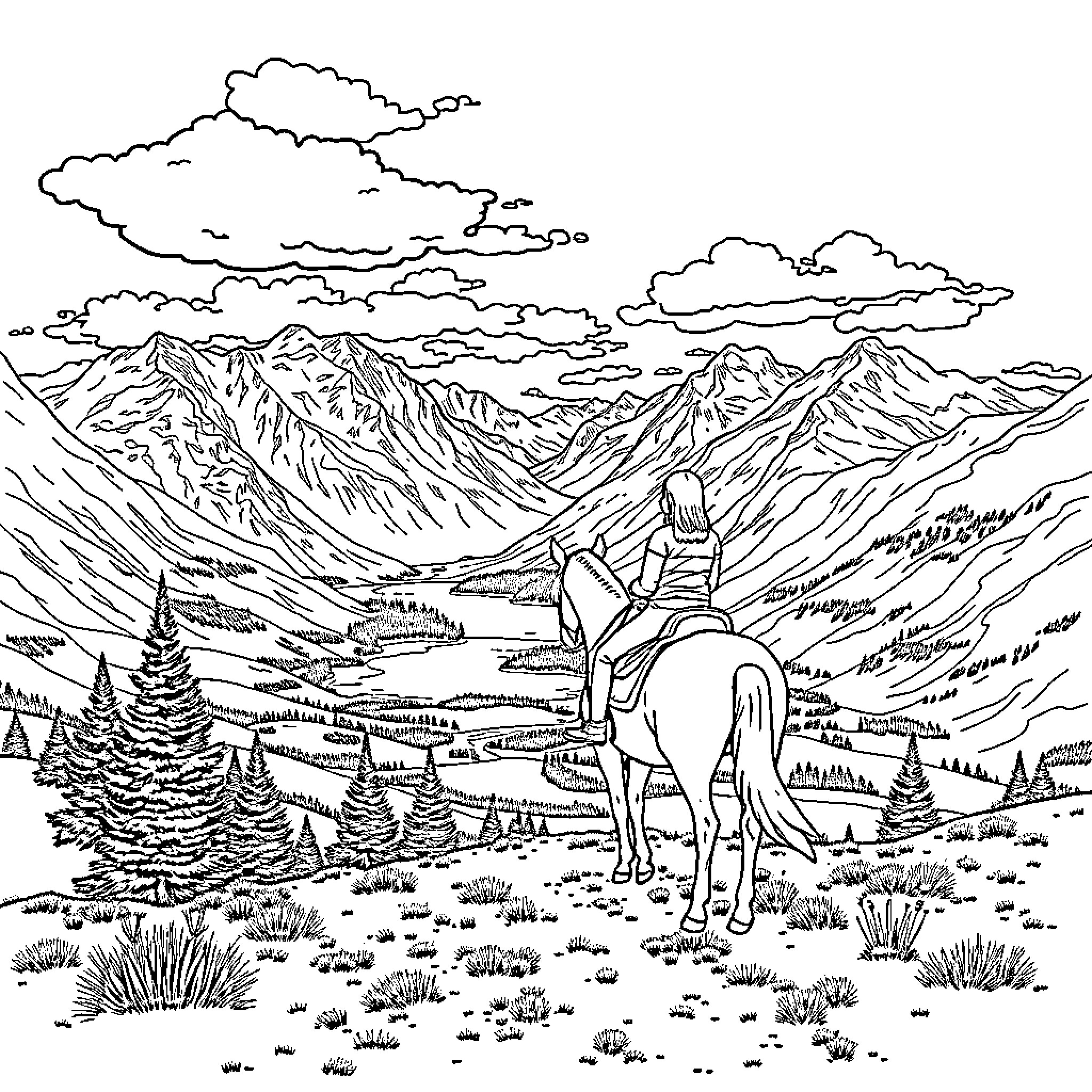 Horse riding through majestic mountain landscape Coloring Page (free black-and-white line drawing printable PDF for all, from beginners to advanced learners, including children, teens, adults, and seniors)
