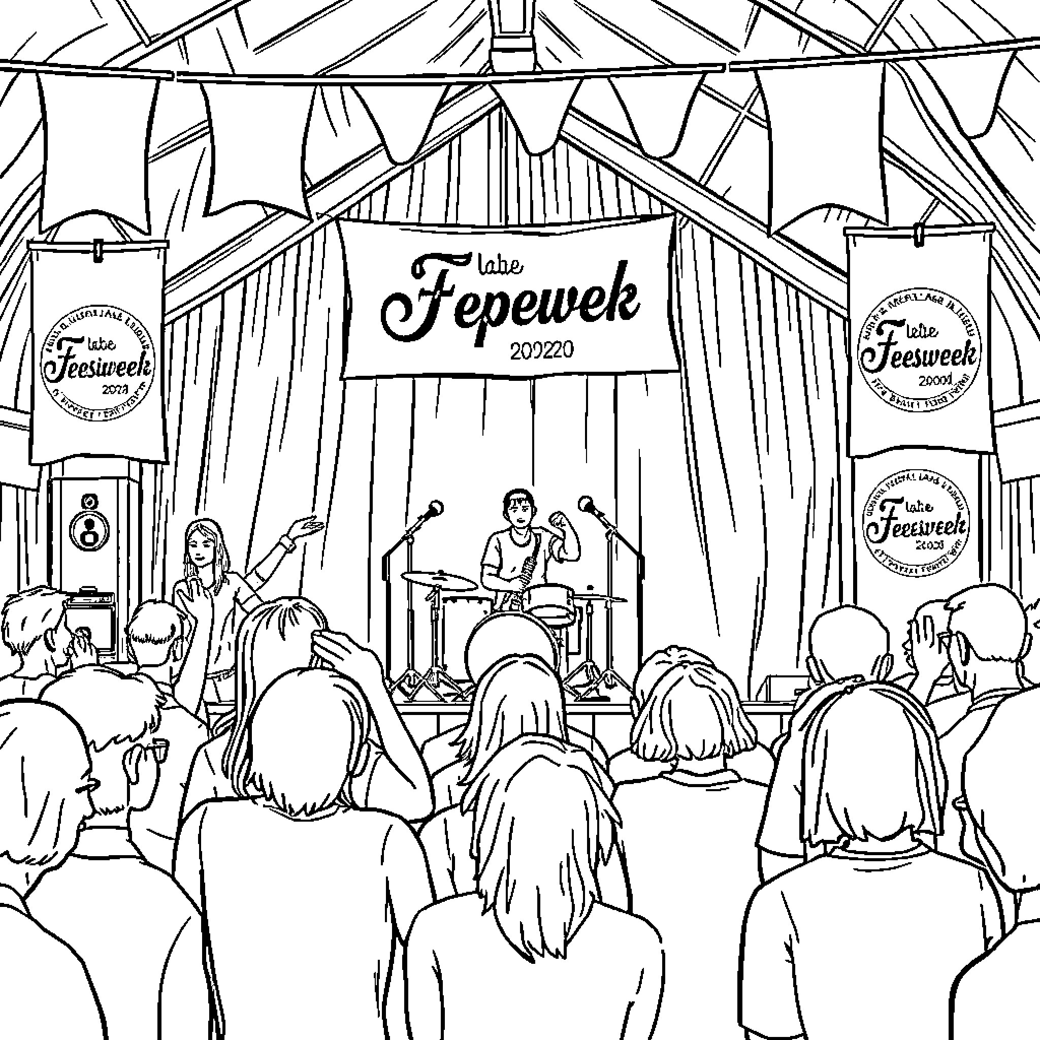 Band performing energetically on festival stage Coloring Page (free black-and-white line drawing printable PDF for all, from beginners to advanced learners, including children, teens, adults, and seniors)
