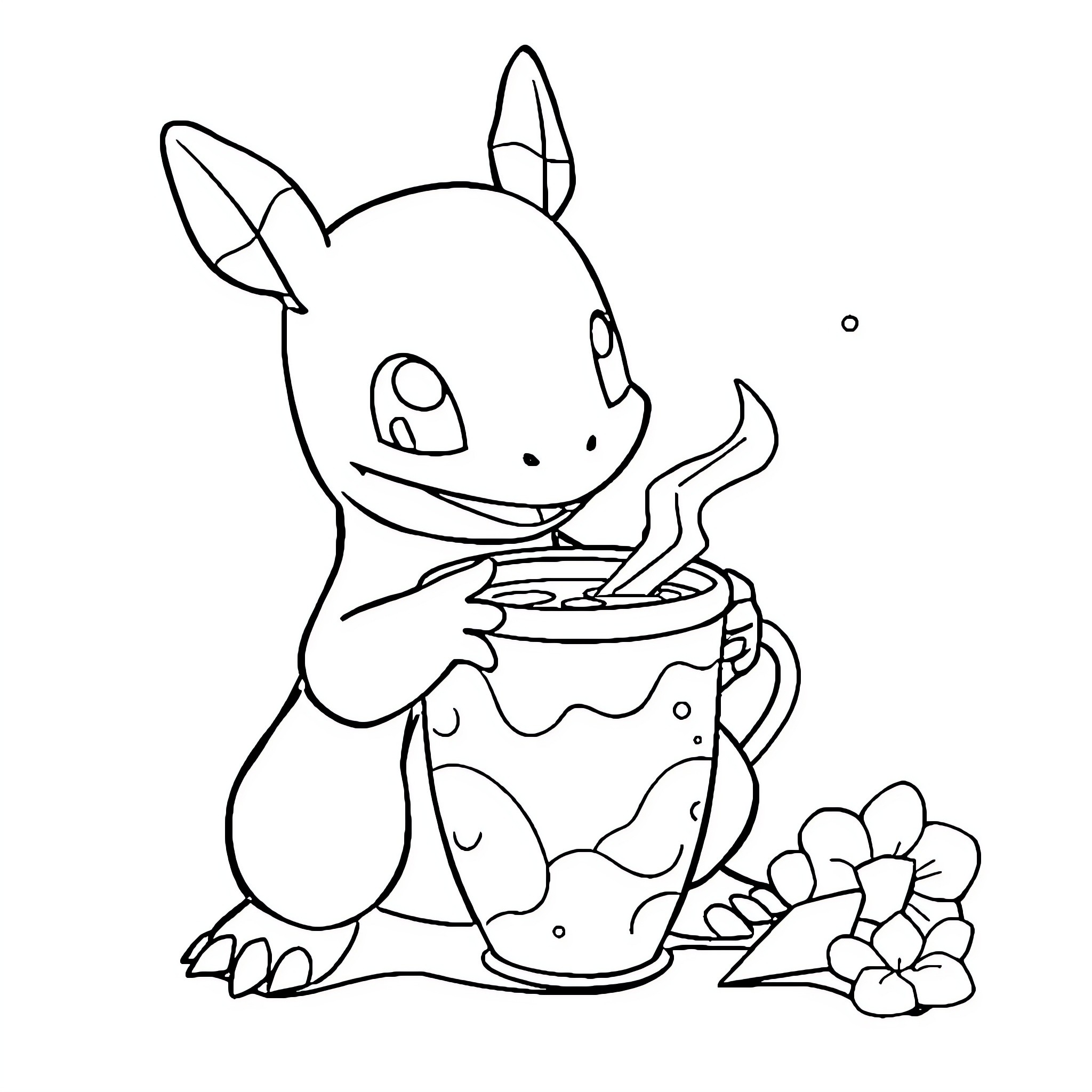 Charmander enjoying a hot beverage Coloring Page (free black-and-white line drawing printable PDF for all, from beginners to advanced learners, including children, teens, adults, and seniors)