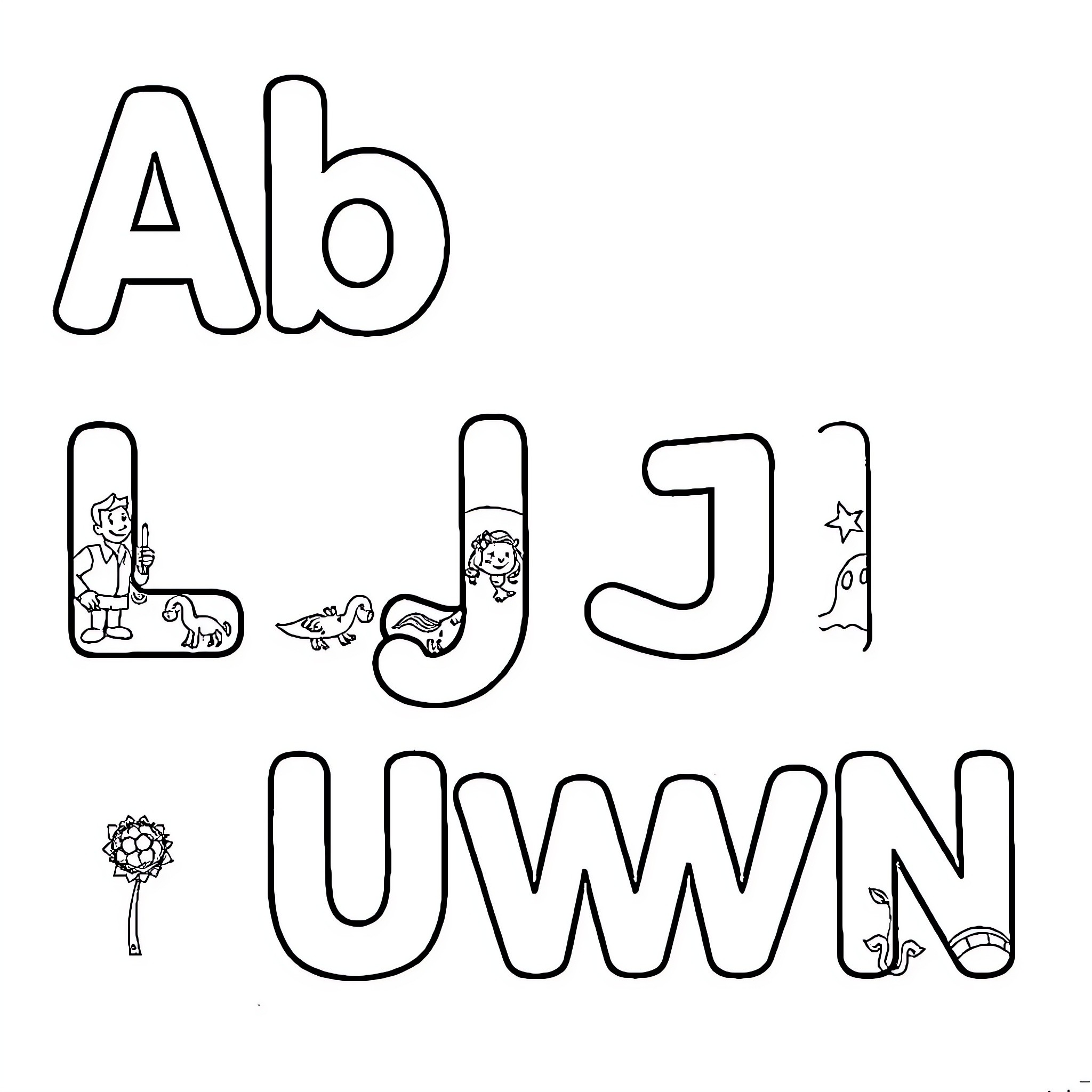 Alphabet characters with playful illustrations Coloring Page (free black-and-white line drawing printable PDF for all, from beginners to advanced learners, including children, teens, adults, and seniors)