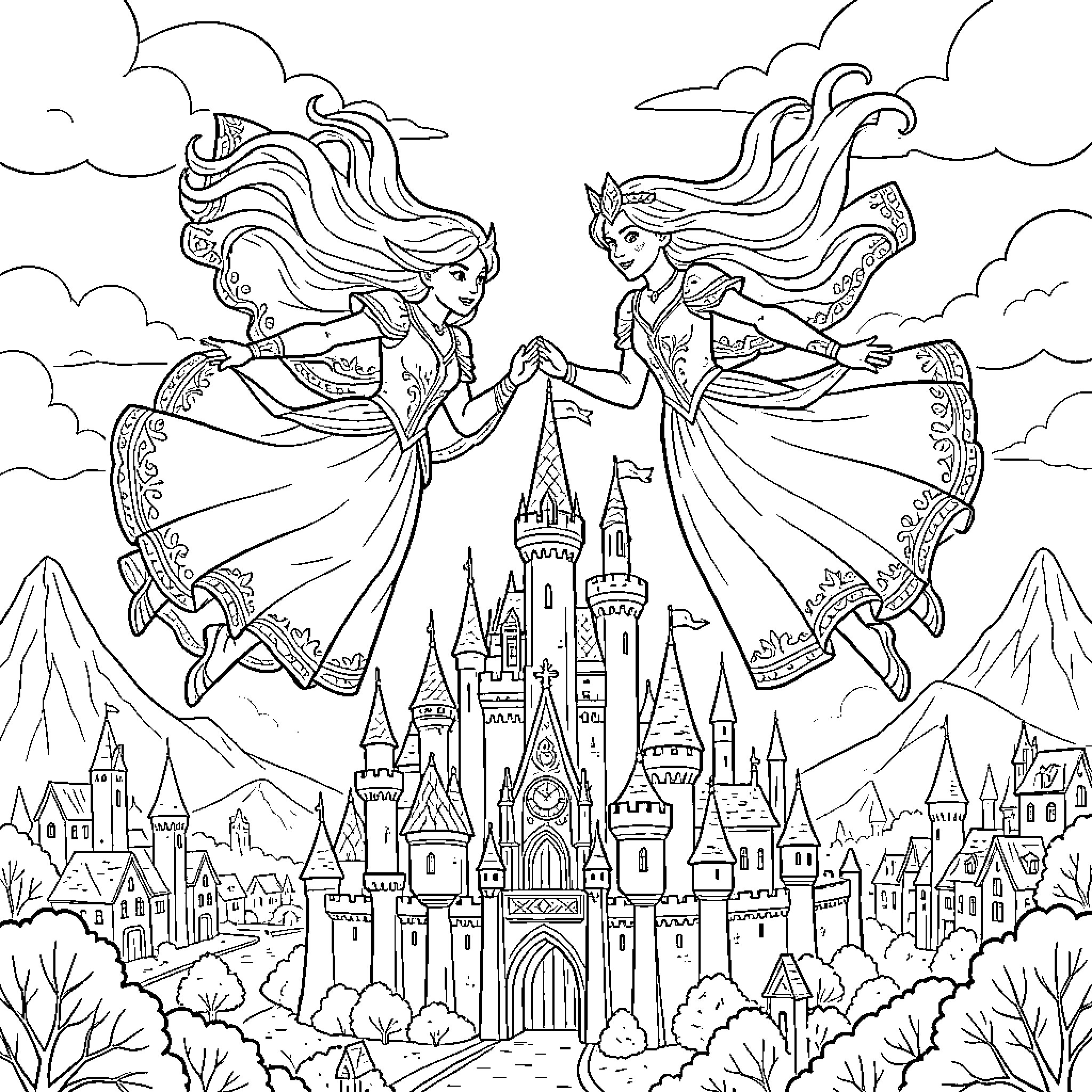 Glinda and Elphaba Dancing Before the Enchanted Castle Coloring Page (free black-and-white line drawing printable PDF for all, from beginners to advanced learners, including children, teens, adults, and seniors)