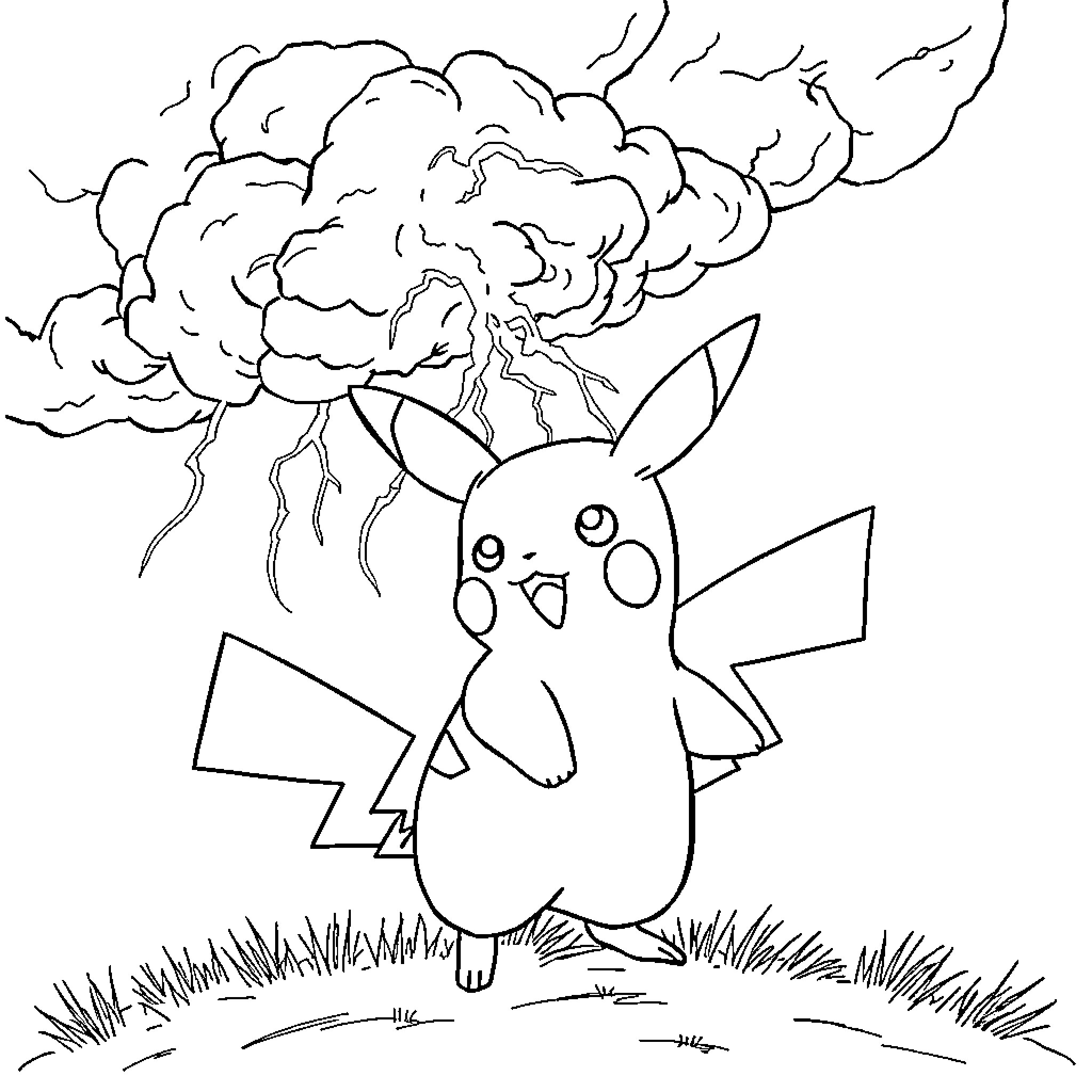 Pikachu facing a thunderstorm Coloring Page (free black-and-white line drawing printable PDF for all, from beginners to advanced learners, including children, teens, adults, and seniors)