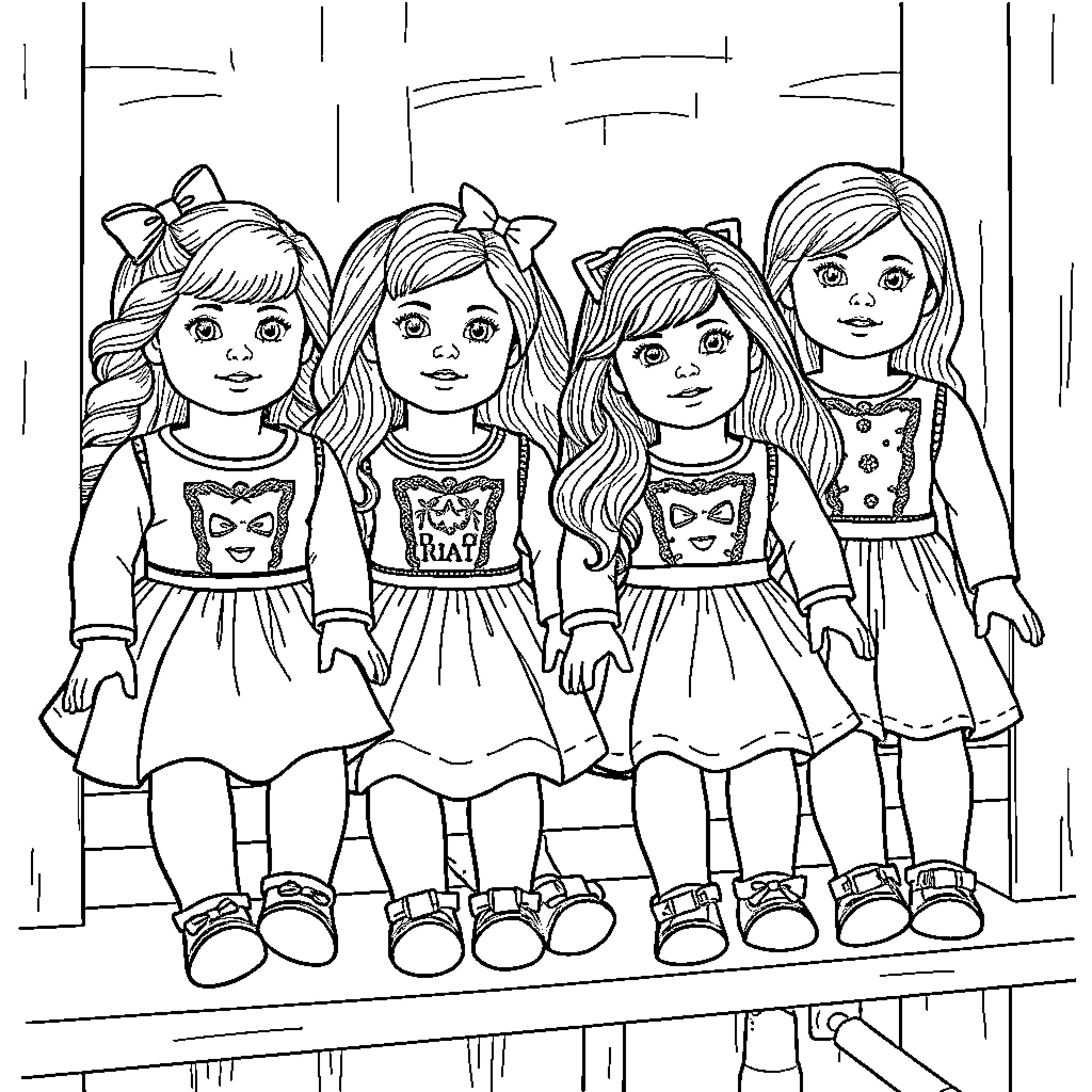 American Girl Doll Friends Posing Together Coloring Page (free black-and-white line drawing printable PDF for all, from beginners to advanced learners, including children, teens, adults, and seniors)
