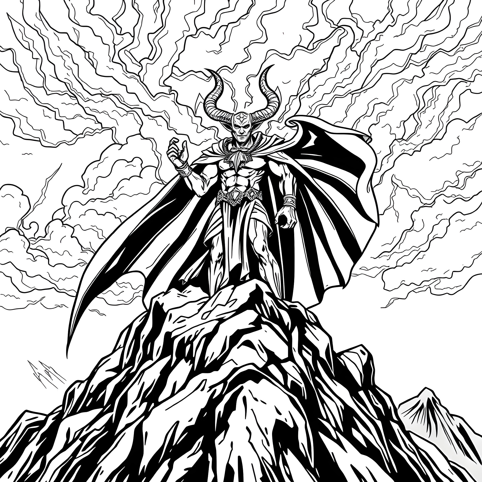 Satan Ascending Amidst Darkness and Storm Coloring Page (free black-and-white line drawing printable PDF for all, from beginners to advanced learners, including children, teens, adults, and seniors)