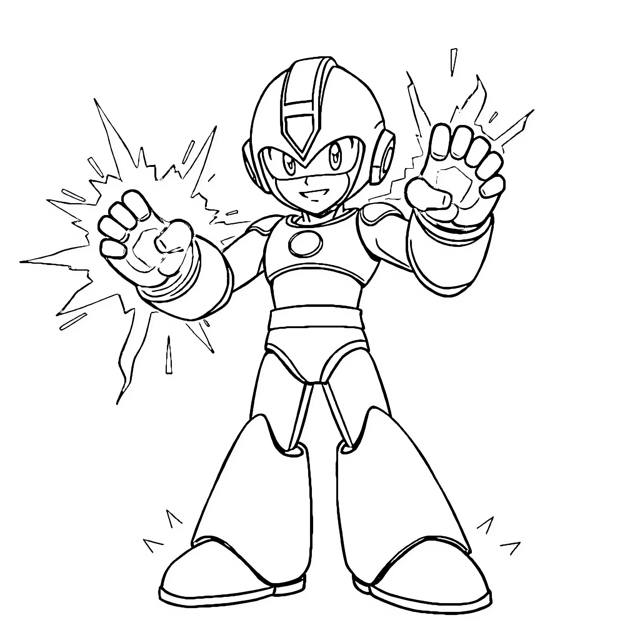 Megaman Battles with Energy Blasts and Heroic Pose Coloring Page (free black-and-white line drawing printable PDF for all, from beginners to advanced learners, including children, teens, adults, and seniors)