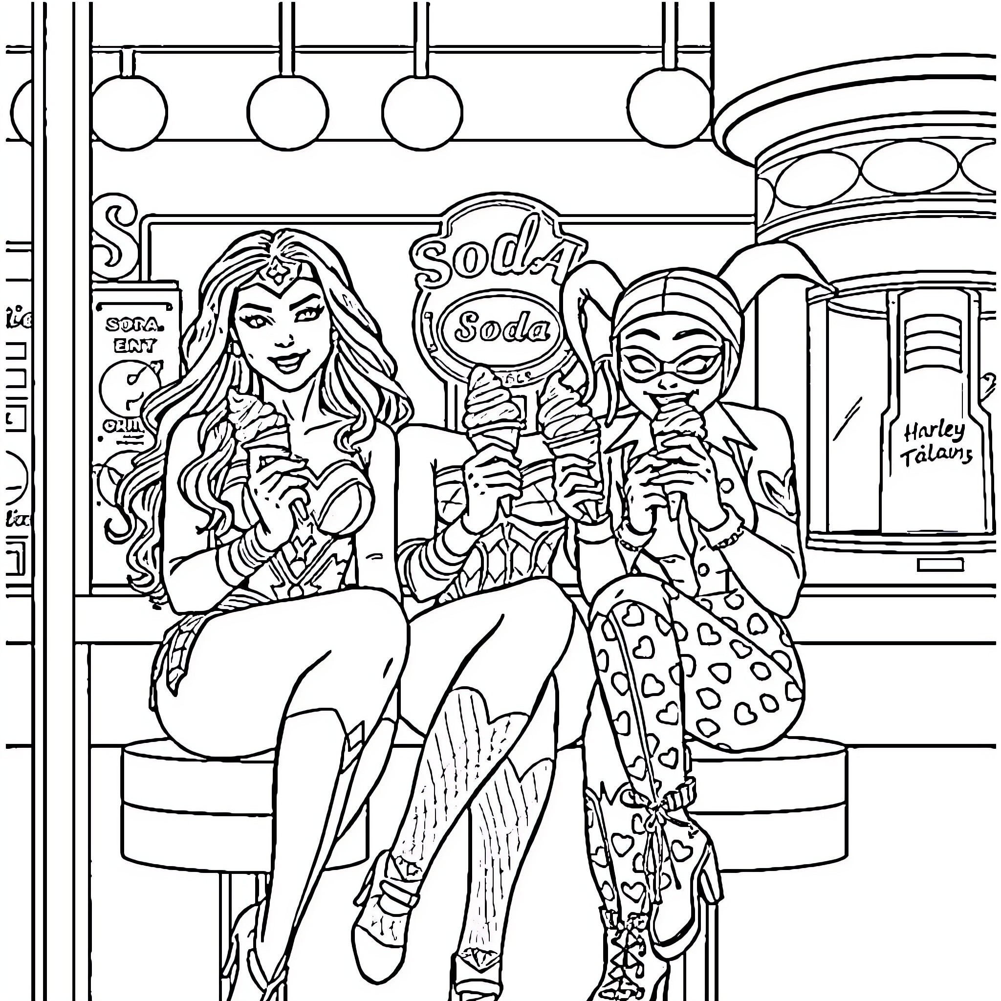 Wonder Woman and friends enjoying soda in diner Coloring Page (free black-and-white line drawing printable PDF for all, from beginners to advanced learners, including children, teens, adults, and seniors)