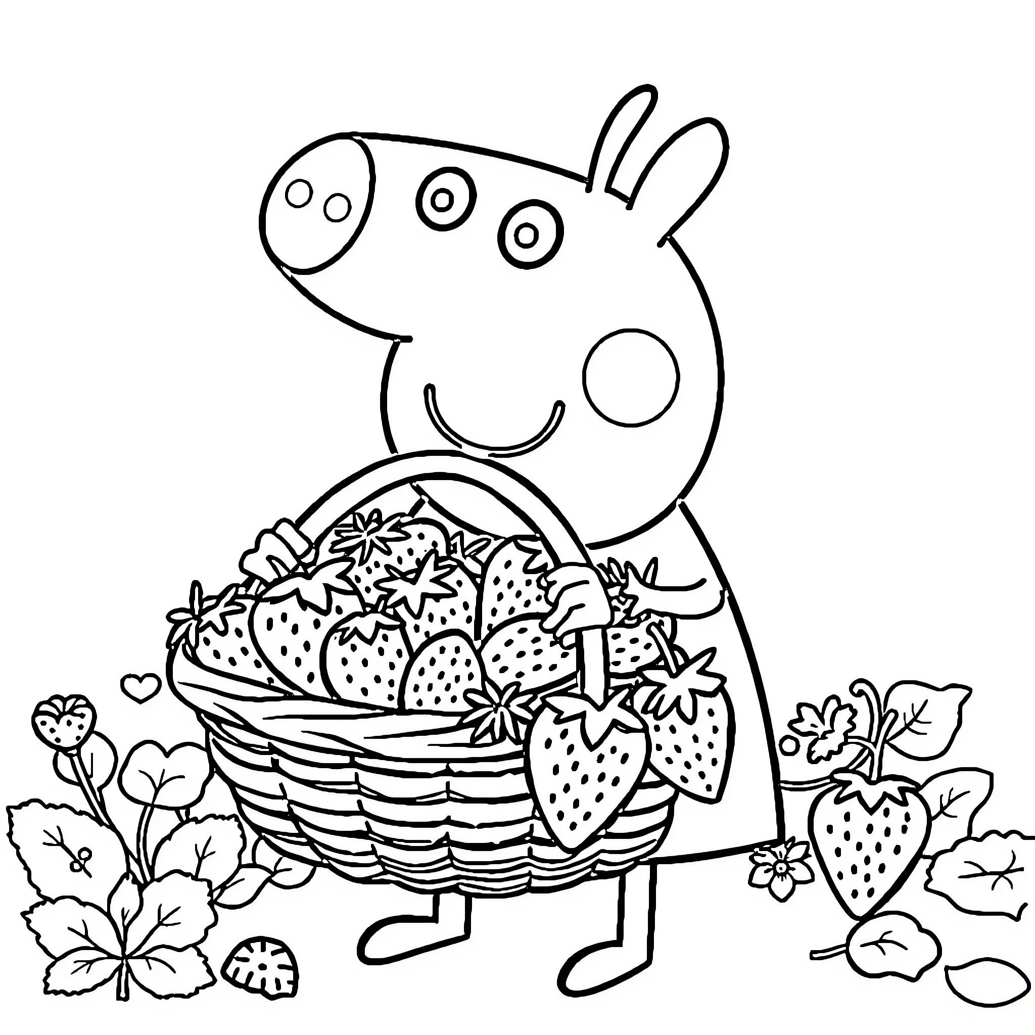 Peppa Pig gathering strawberries in a basket Coloring Page (free black-and-white line drawing printable PDF for all, from beginners to advanced learners, including children, teens, adults, and seniors)