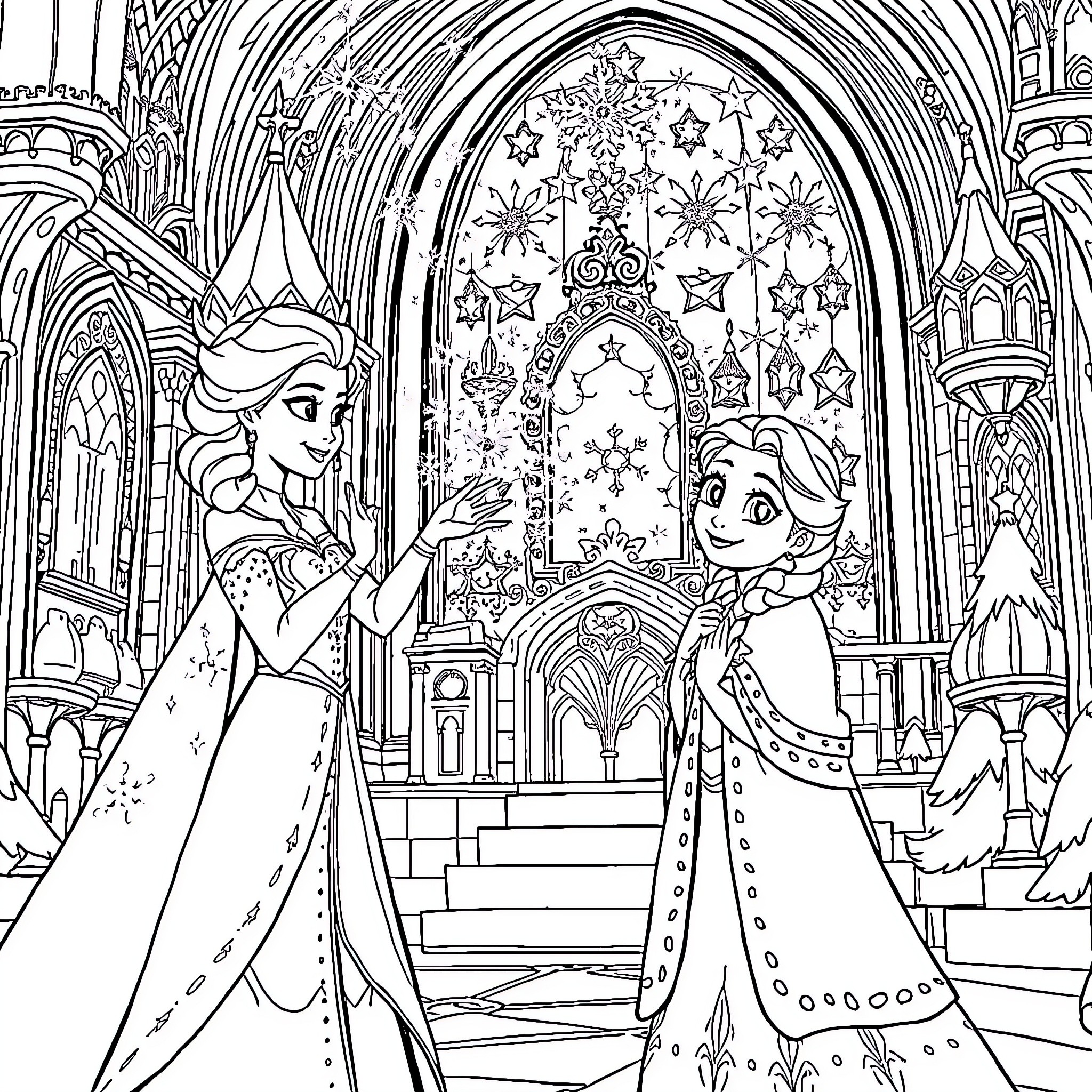 Elsa and Anna in a Whimsical Winter Palace Coloring Page (free black-and-white line drawing printable PDF for all, from beginners to advanced learners, including children, teens, adults, and seniors)