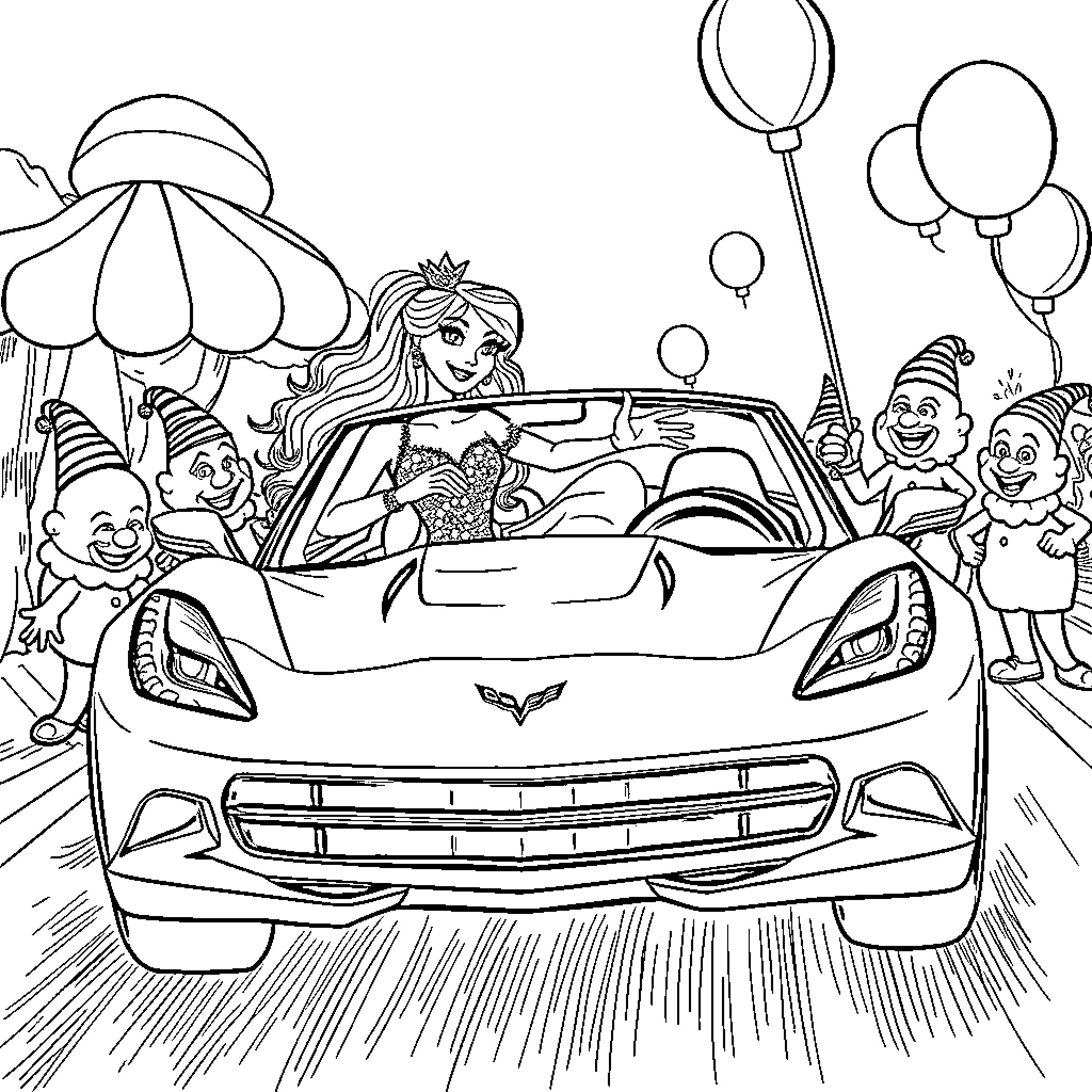 Princess Celebrates with Friends in Fancy Car Coloring Page (free black-and-white line drawing printable PDF for all, from beginners to advanced learners, including children, teens, adults, and seniors)