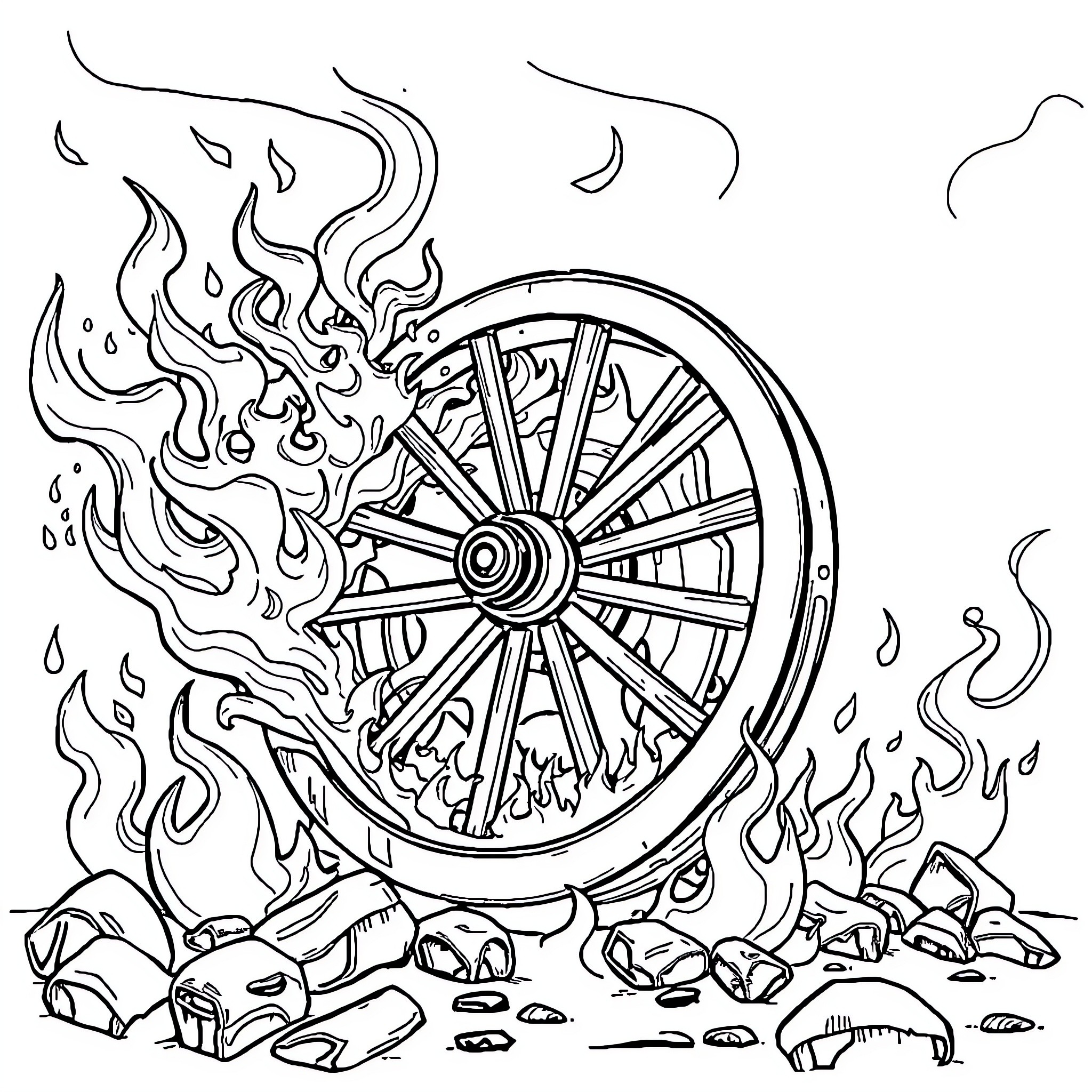 Wheel of Fiery Destruction Coloring Page (free black-and-white line drawing printable PDF for all, from beginners to advanced learners, including children, teens, adults, and seniors)