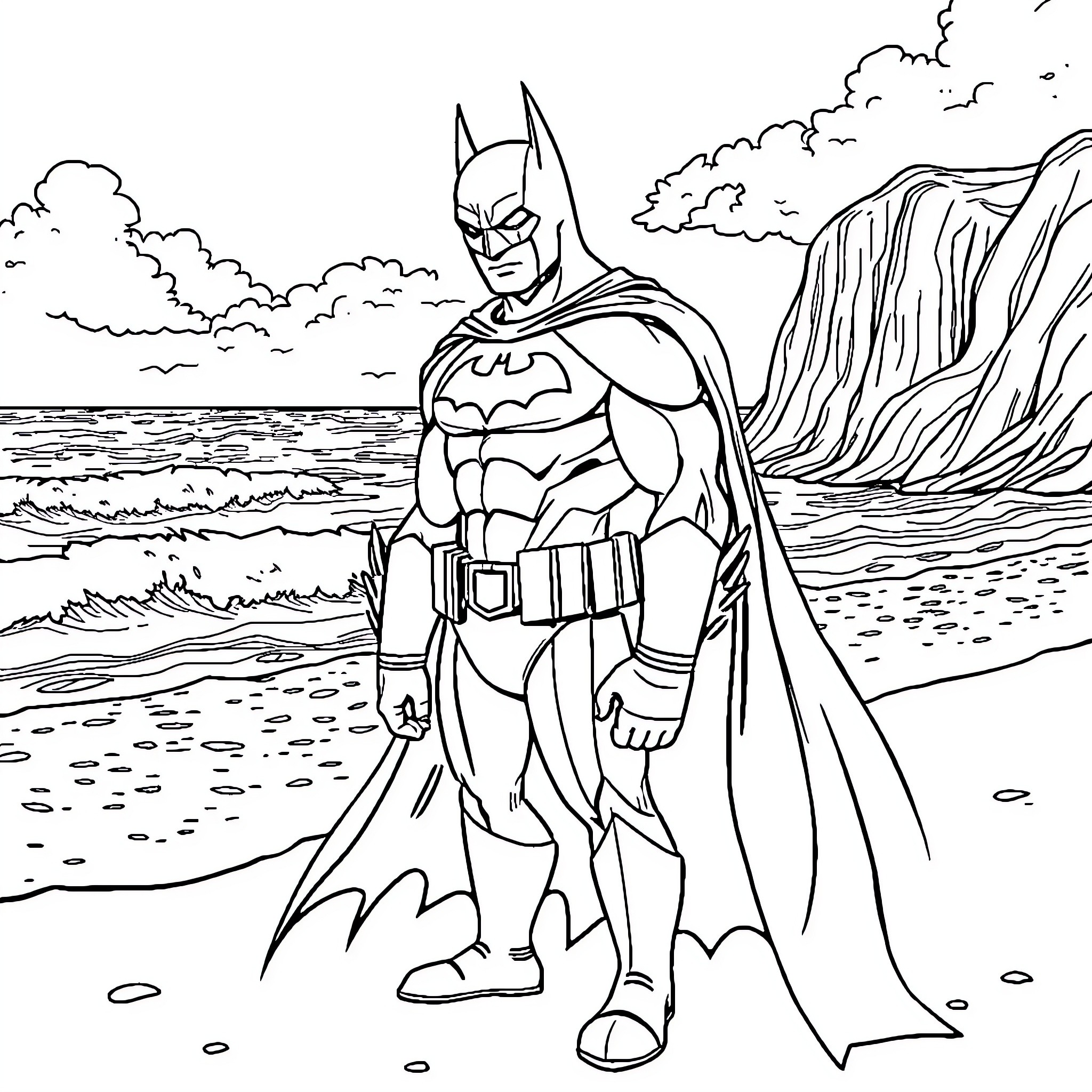 Batman stands heroically on a rocky beach Coloring Page (free black-and-white line drawing printable PDF for all, from beginners to advanced learners, including children, teens, adults, and seniors)