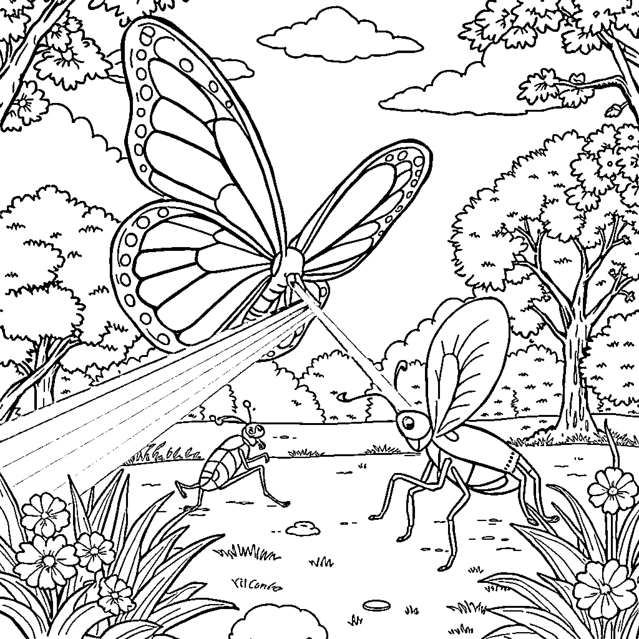 Butterfly in a Whimsical Woodland Scene Coloring Page (free black-and-white line drawing printable PDF for all, from beginners to advanced learners, including children, teens, adults, and seniors)