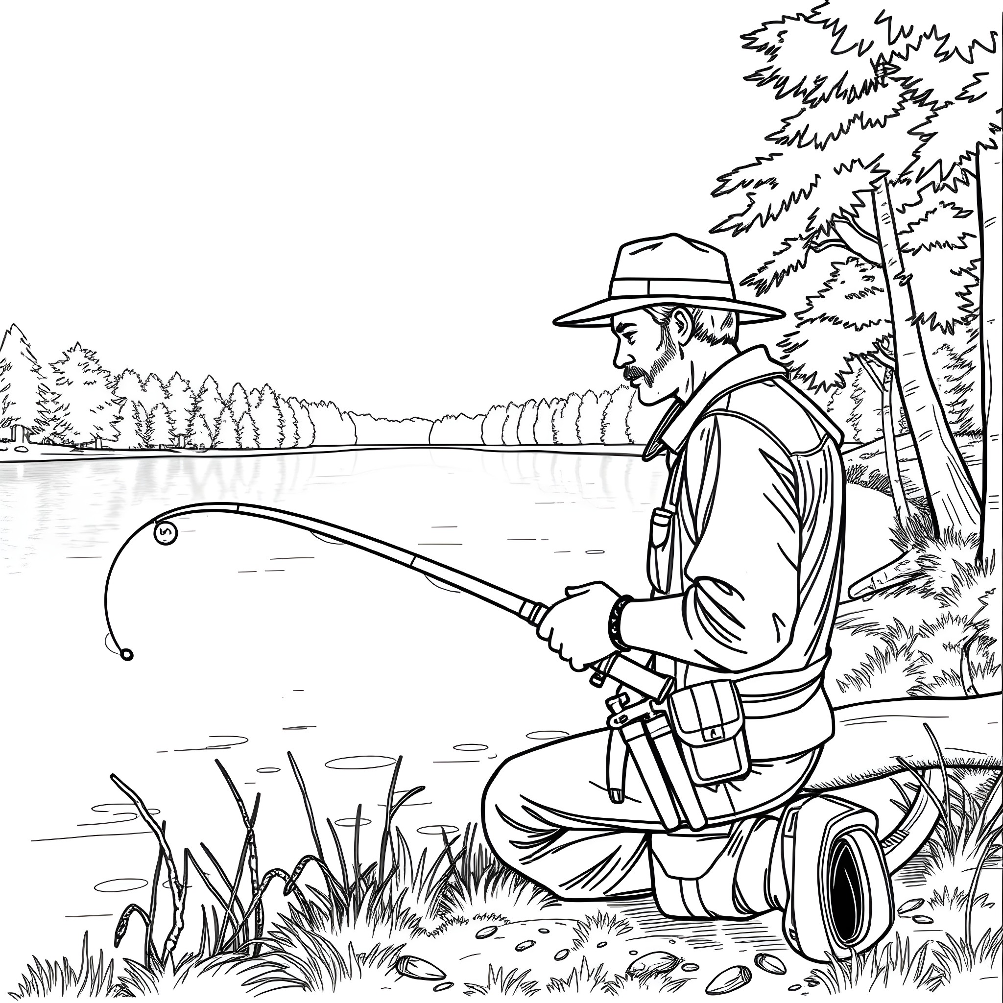 Carpenter Fishing Peacefully by the Lake Coloring Page (free black-and-white line drawing printable PDF for all, from beginners to advanced learners, including children, teens, adults, and seniors)