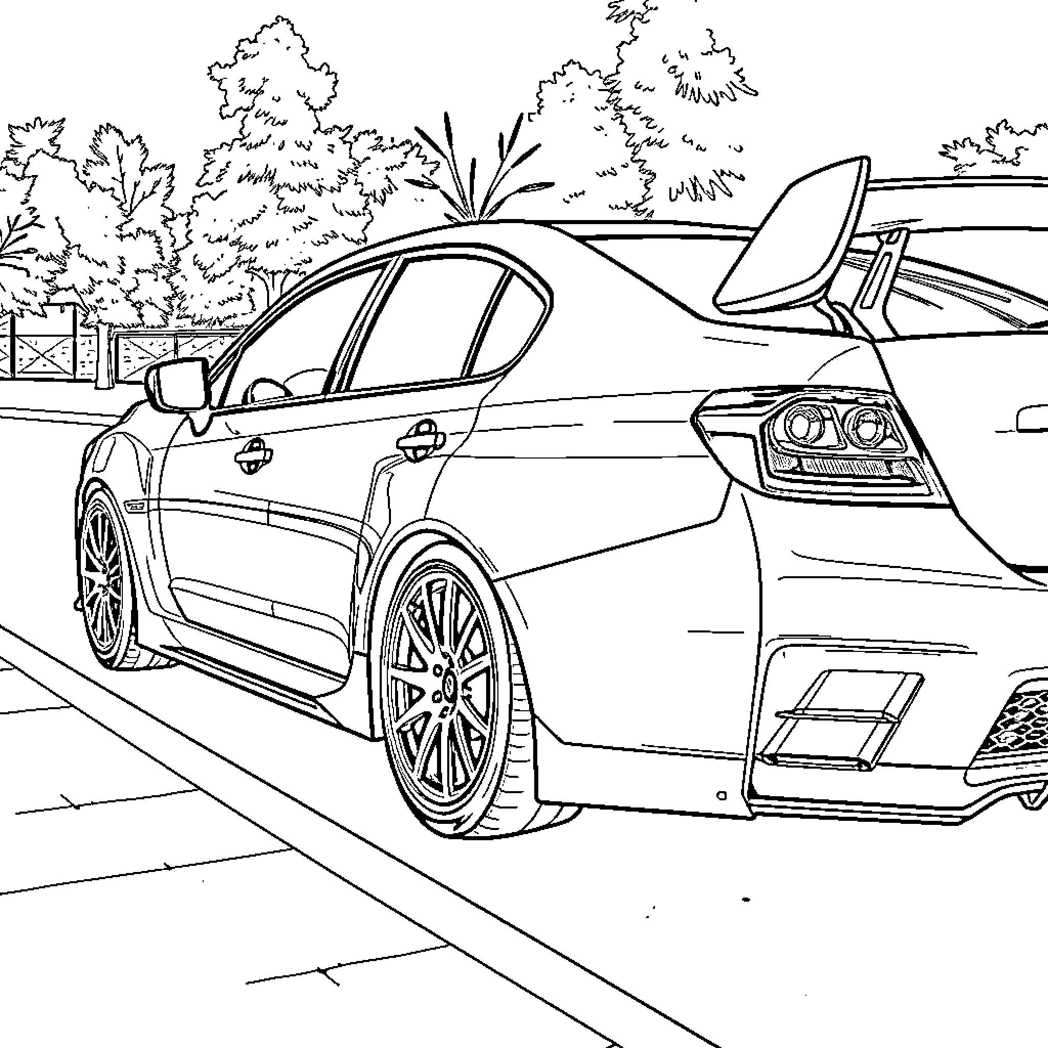 Subaru WRX speeding through the countryside Coloring Page (free black-and-white line drawing printable PDF for all, from beginners to advanced learners, including children, teens, adults, and seniors)