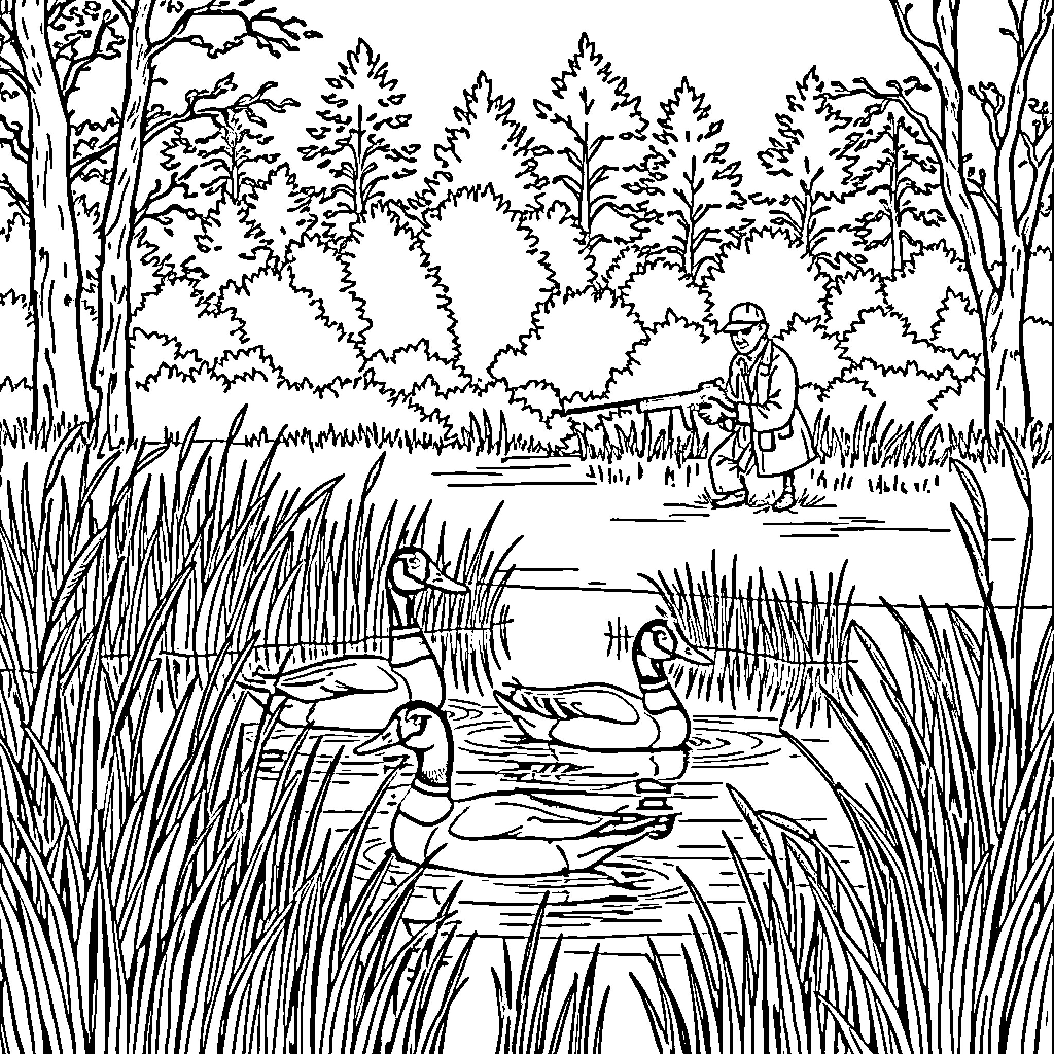 Duck family floating peacefully in the pond Coloring Page (free black-and-white line drawing printable PDF for all, from beginners to advanced learners, including children, teens, adults, and seniors)