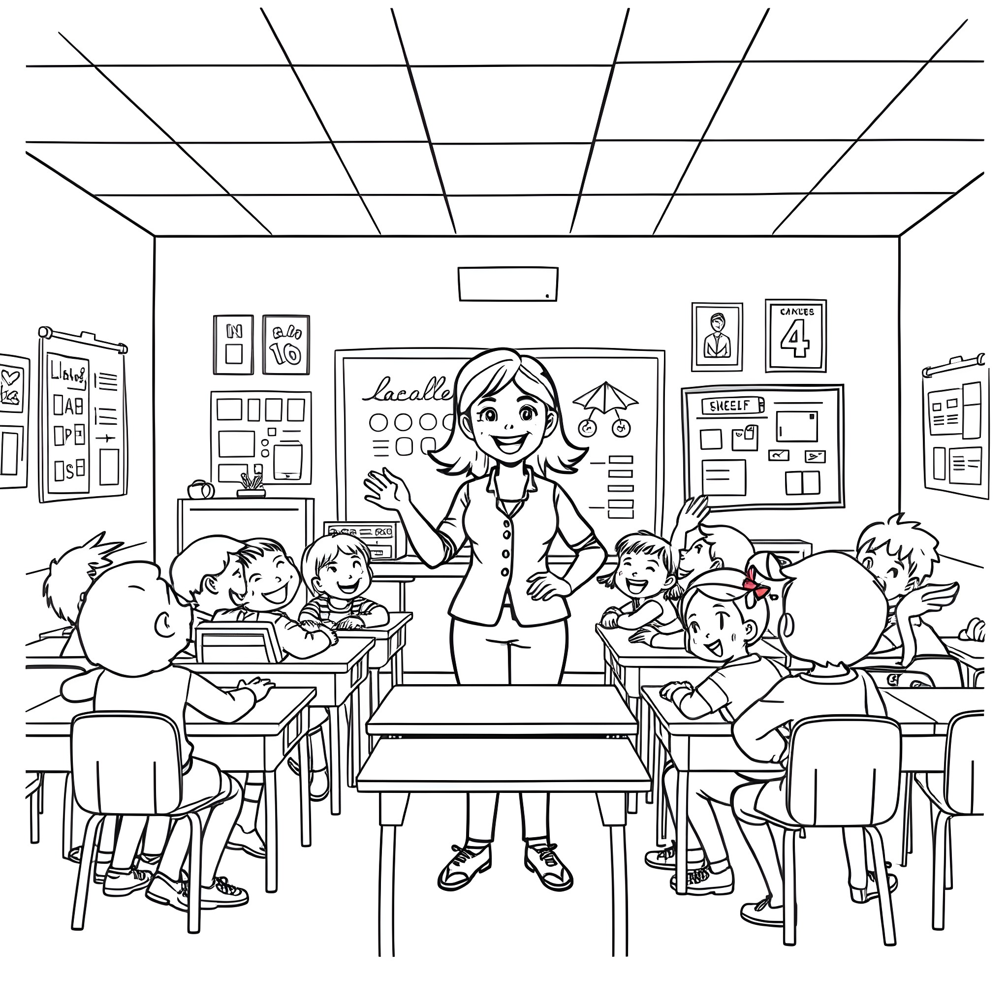 Teacher leading an engaged classroom of students Coloring Page (free black-and-white line drawing printable PDF for all, from beginners to advanced learners, including children, teens, adults, and seniors)
