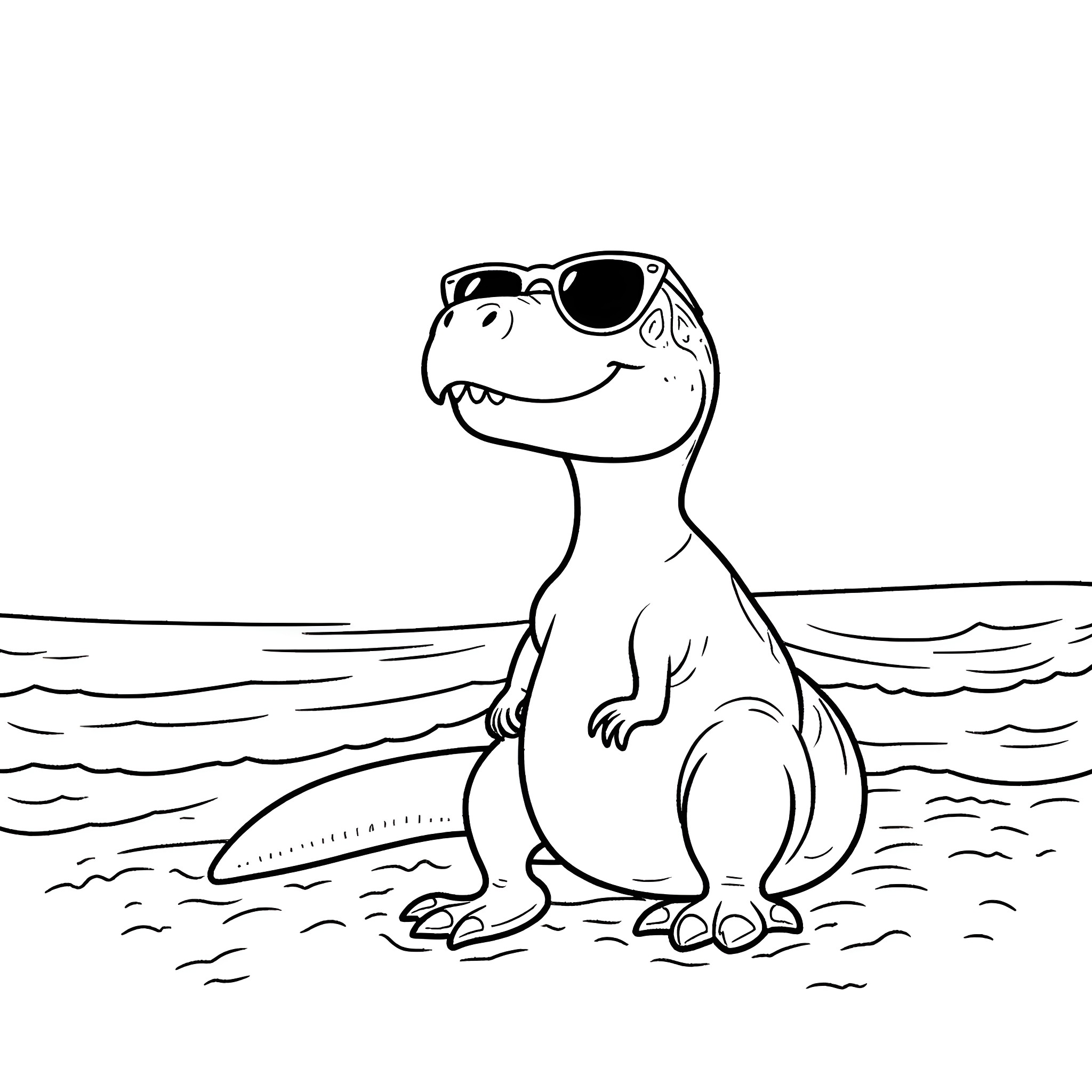 T-Rex wearing sunglasses at the beach Coloring Page (free black-and-white line drawing printable PDF for all, from beginners to advanced learners, including children, teens, adults, and seniors)